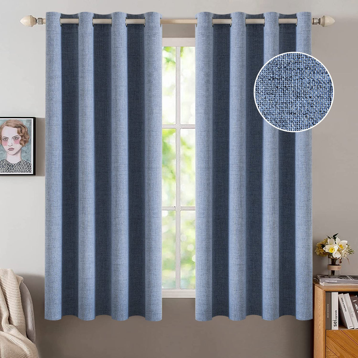 MIULEE 100% Blackout Linen Curtains for Bedroom 52x84 Inches Dusty Blue