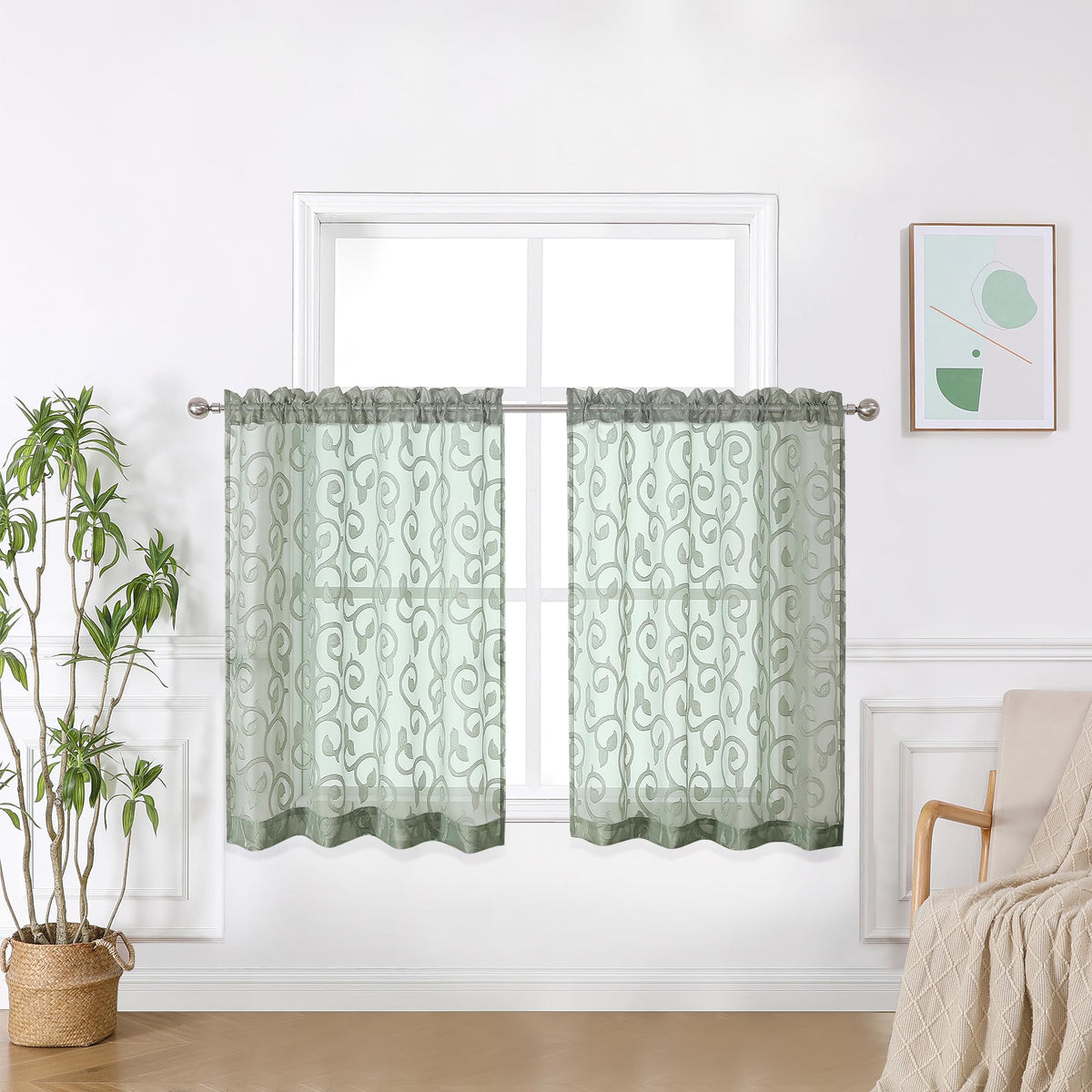OWENIE Furman Ivory Sheer Curtains 84 inches Long for Bedroom Living Room 2 Panels Set, Jacquard Clip Light Filtering Semi Sheer Curtain Rod Pocket Window Drapes, 2 Pcs Each 40 W 84 L