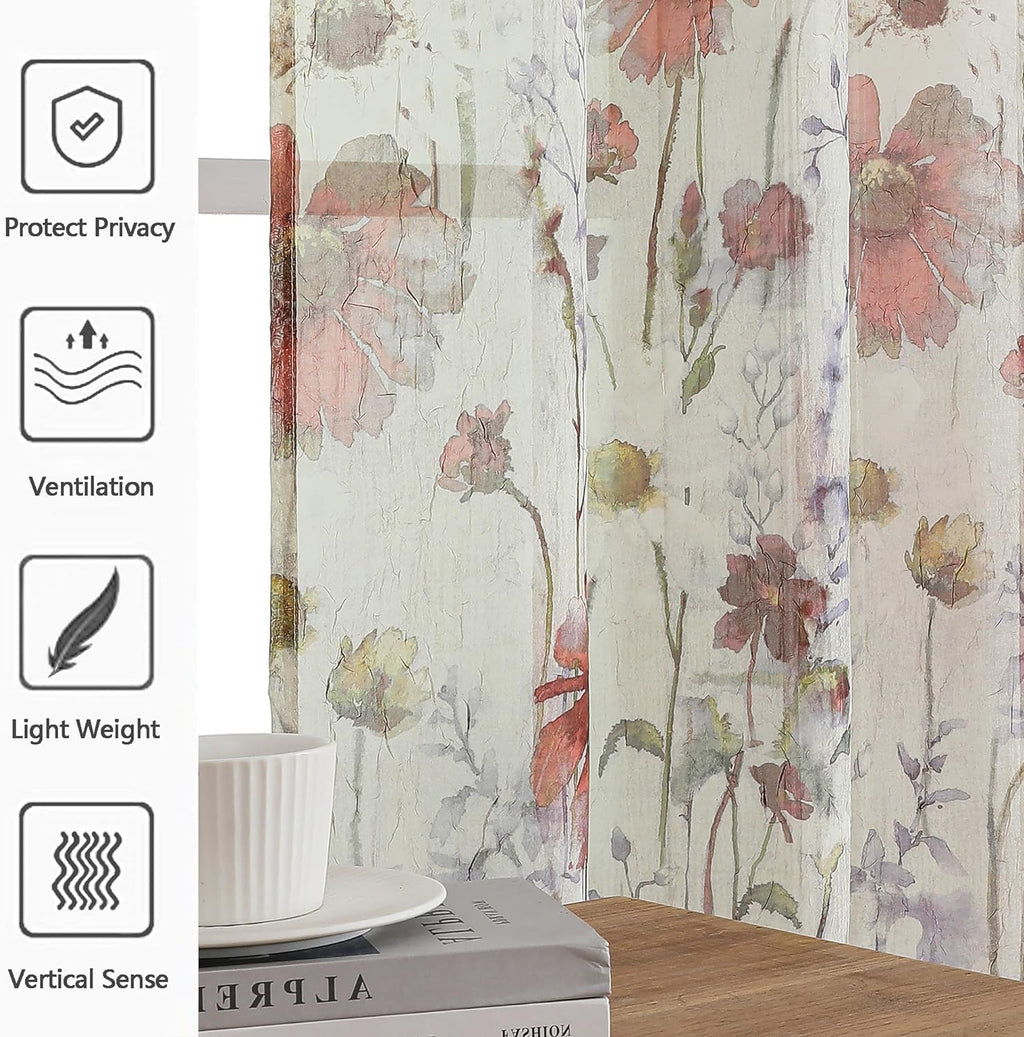 OWENIE Crushed Sheer Curtains 84 Inch Length 2 Panels Set, Sheer Floral Curtains Printed Drapes on Sheers for Living Room, Rod Pocket Light Filtering Window Sheers (2 Panels, 42" x 84")