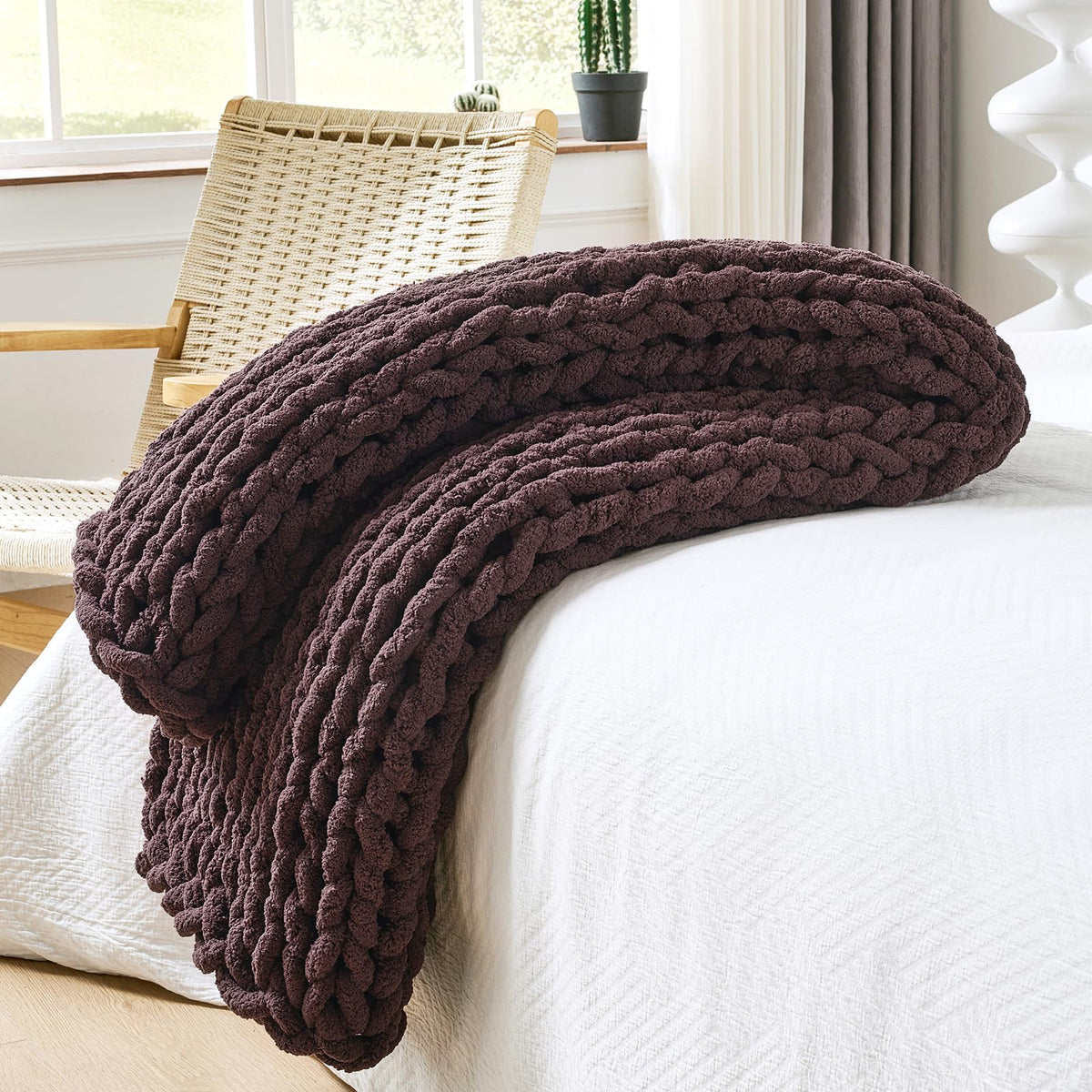 Bigacogo Chunky Knit Throw Blanket for Couch, 40x60 inches, Beige