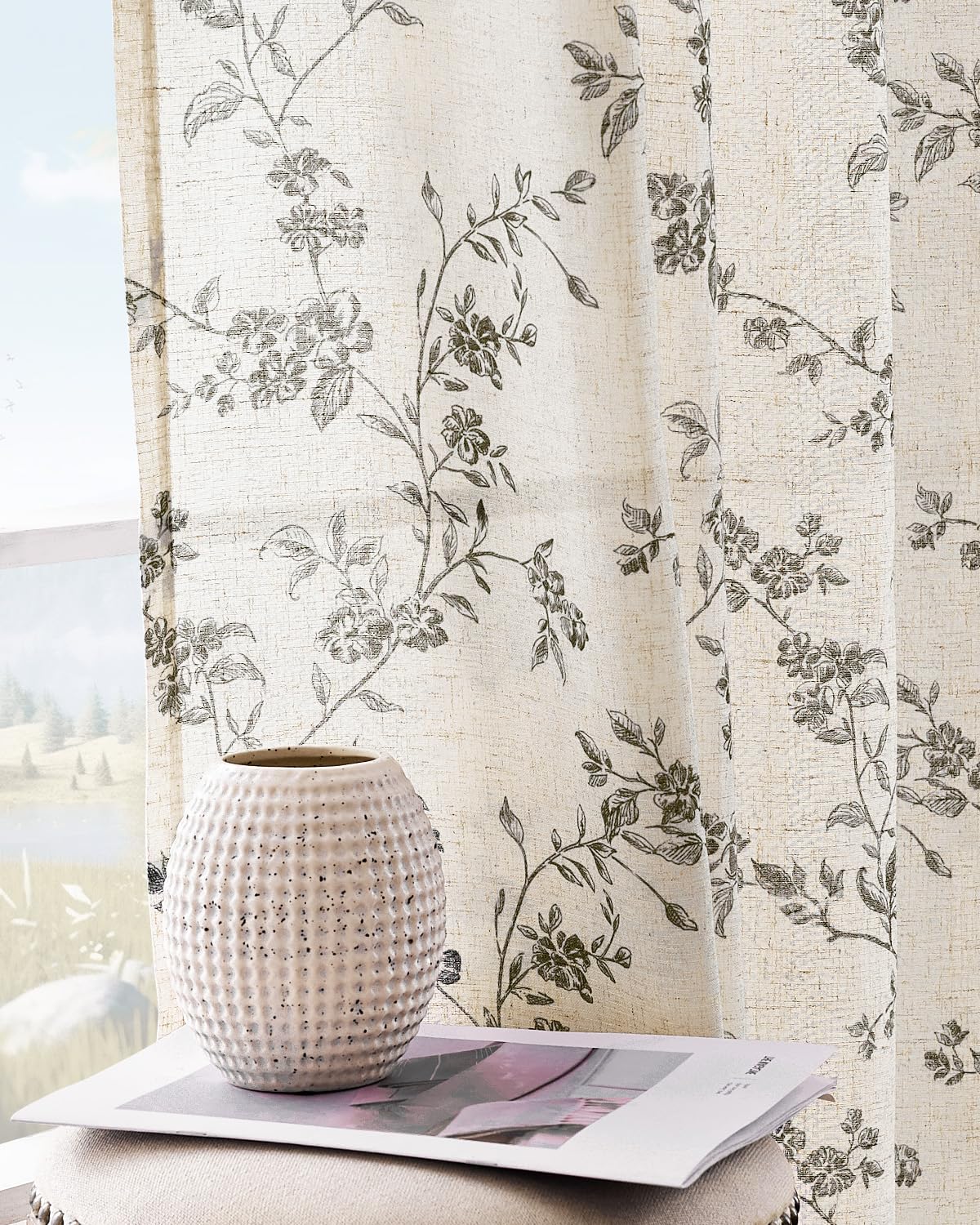 jinchan Taupe Floral Linen Curtains 84 Inch Farmhouse Back Tab 2 Panels