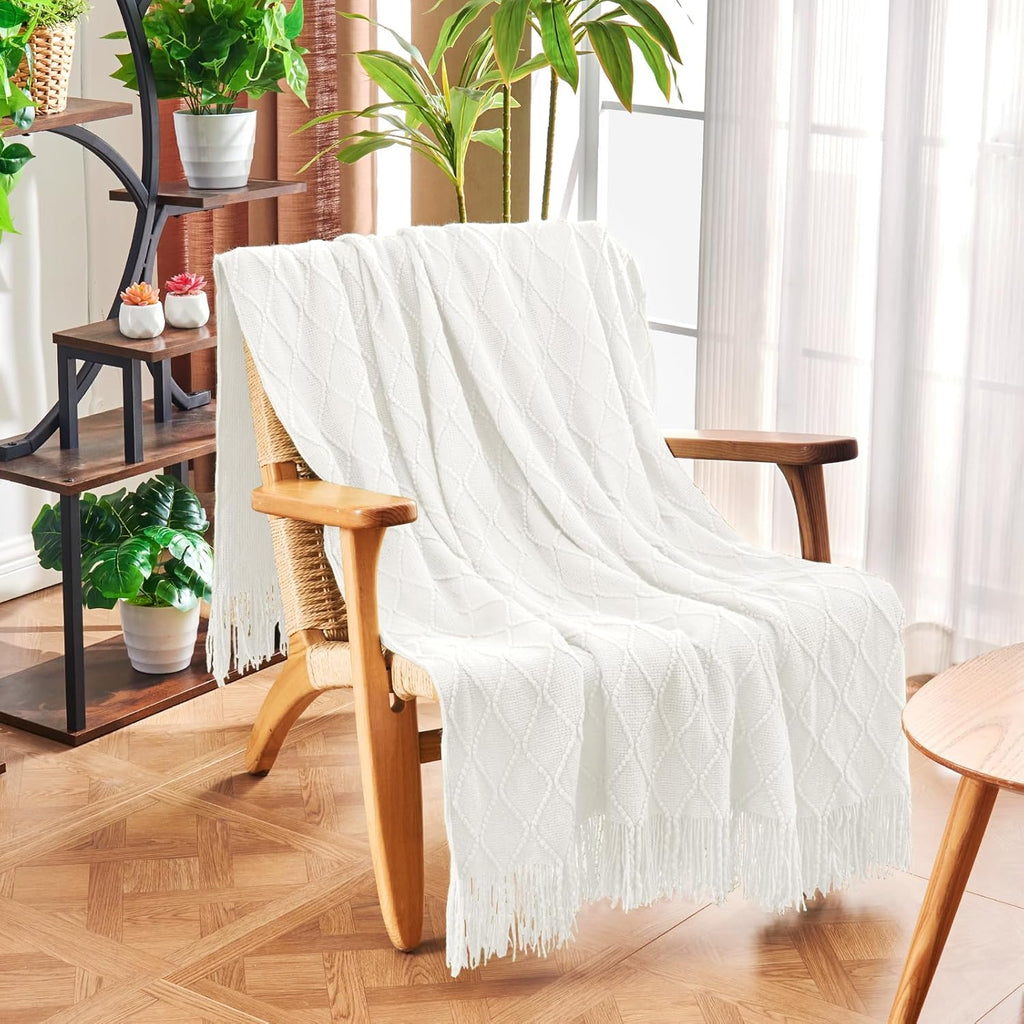 inhand Off White Knitted Throw Blanket for Couch and Bed, 50"x60"