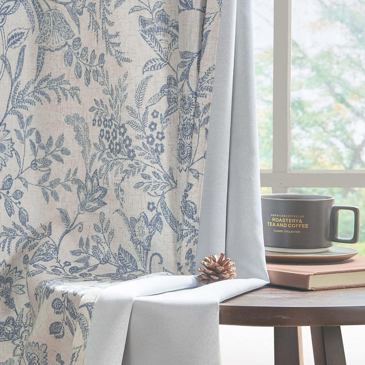 Lazzzy Grey Floral Linen Curtains Farmhouse Grommet Top 50W X 63L 2 Panels