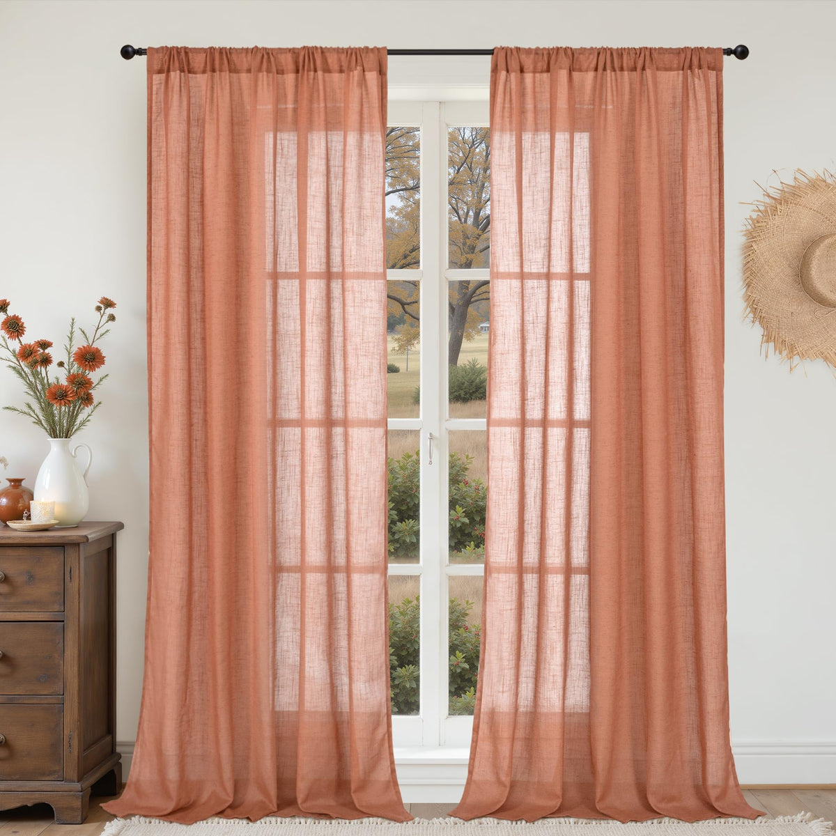 BGment Tan Linen Curtains 84 Inch Length 2 Panels Burlap Semi Sheer Drapes