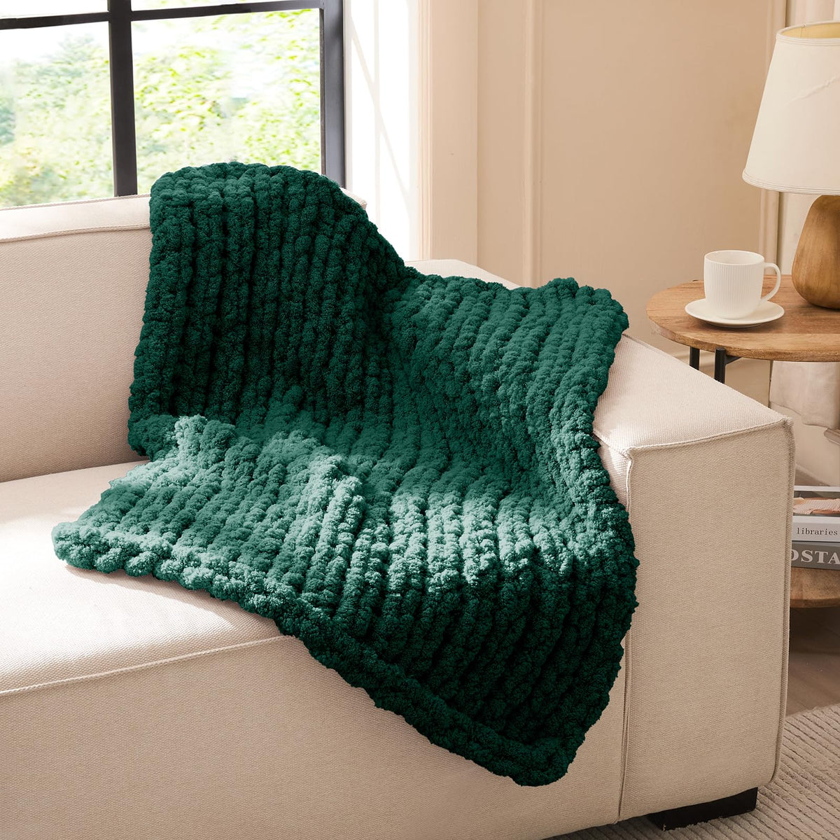 L'AGRATY Chunky Knit Throw Blanket for Couch, 50'' x 60'' Knit Throw, Ivory