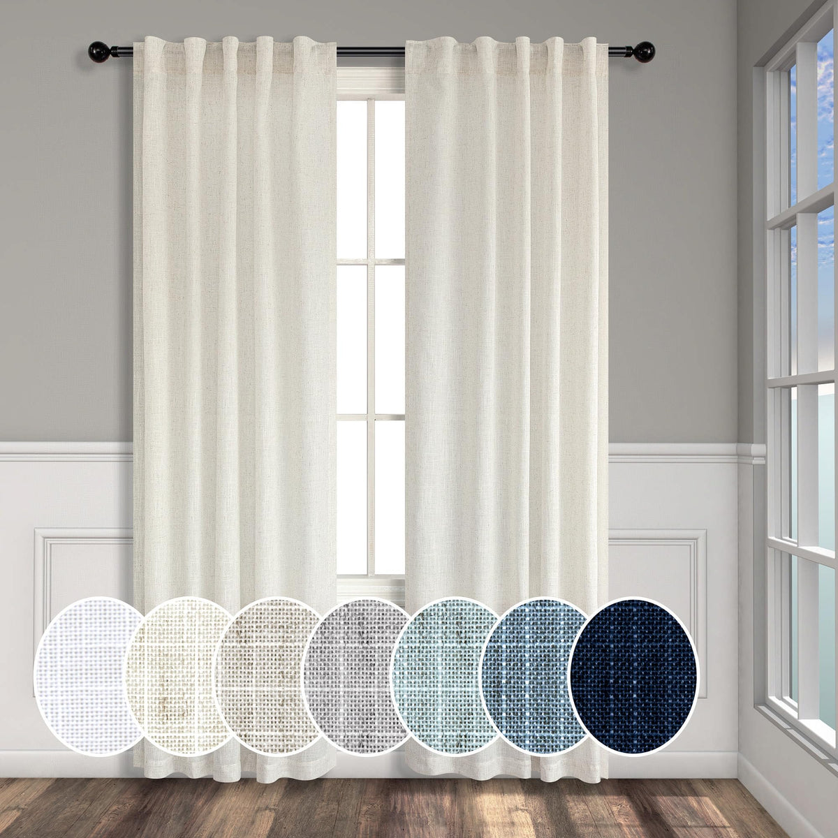 Natural Linen Back Tab Curtains 84 Inch Length for Living Room 2 Panel Pocket Drape Light Filtering Semi Sheer Neutral Country Rustic Farmhouse Boho Curtain Bedroom Muslin Look Ivory Cream Colored