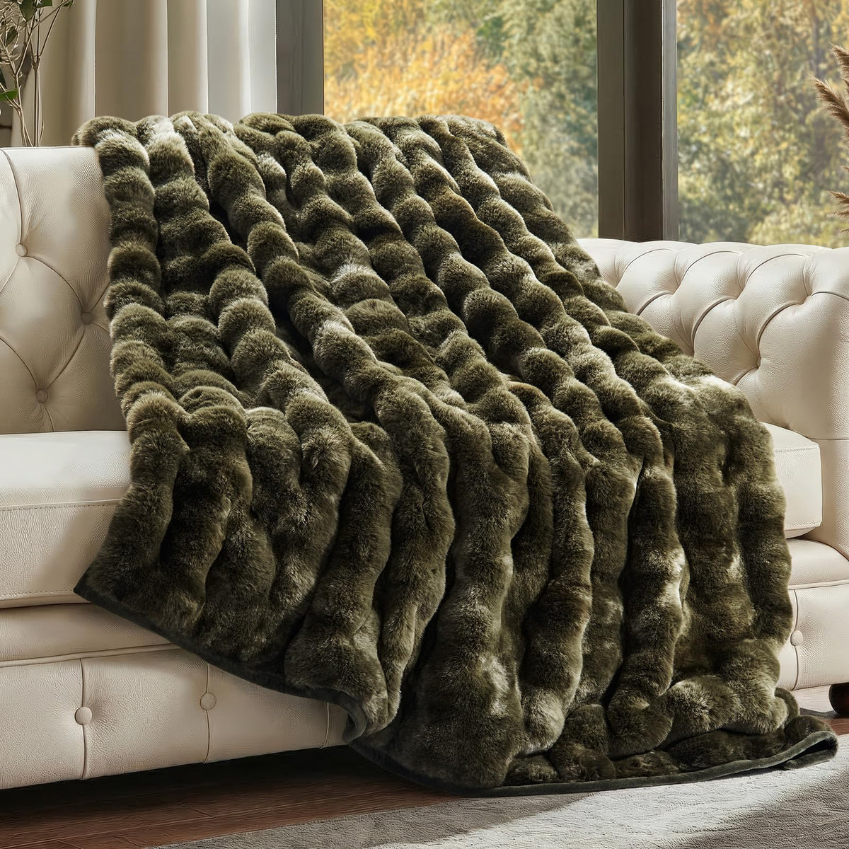 EverGrace Faux Rabbit Fur Bubble Throw Blanket, 60"x80", Ivory White