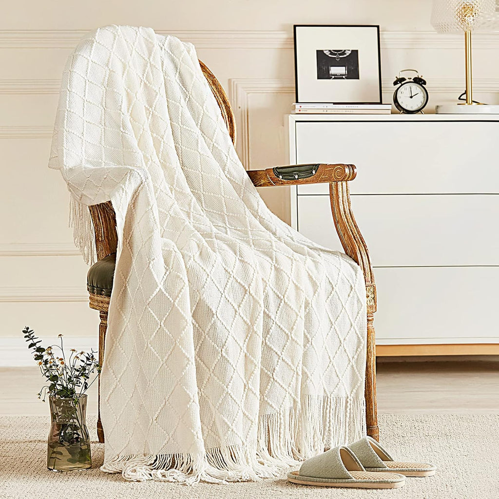 inhand Off White Knitted Throw Blanket for Couch and Bed, 50"x60"