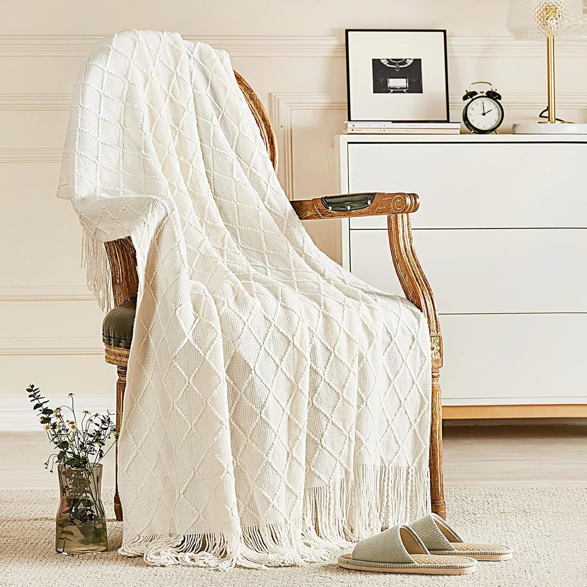 inhand Off White Knitted Throw Blanket for Couch and Bed, 50"x60"