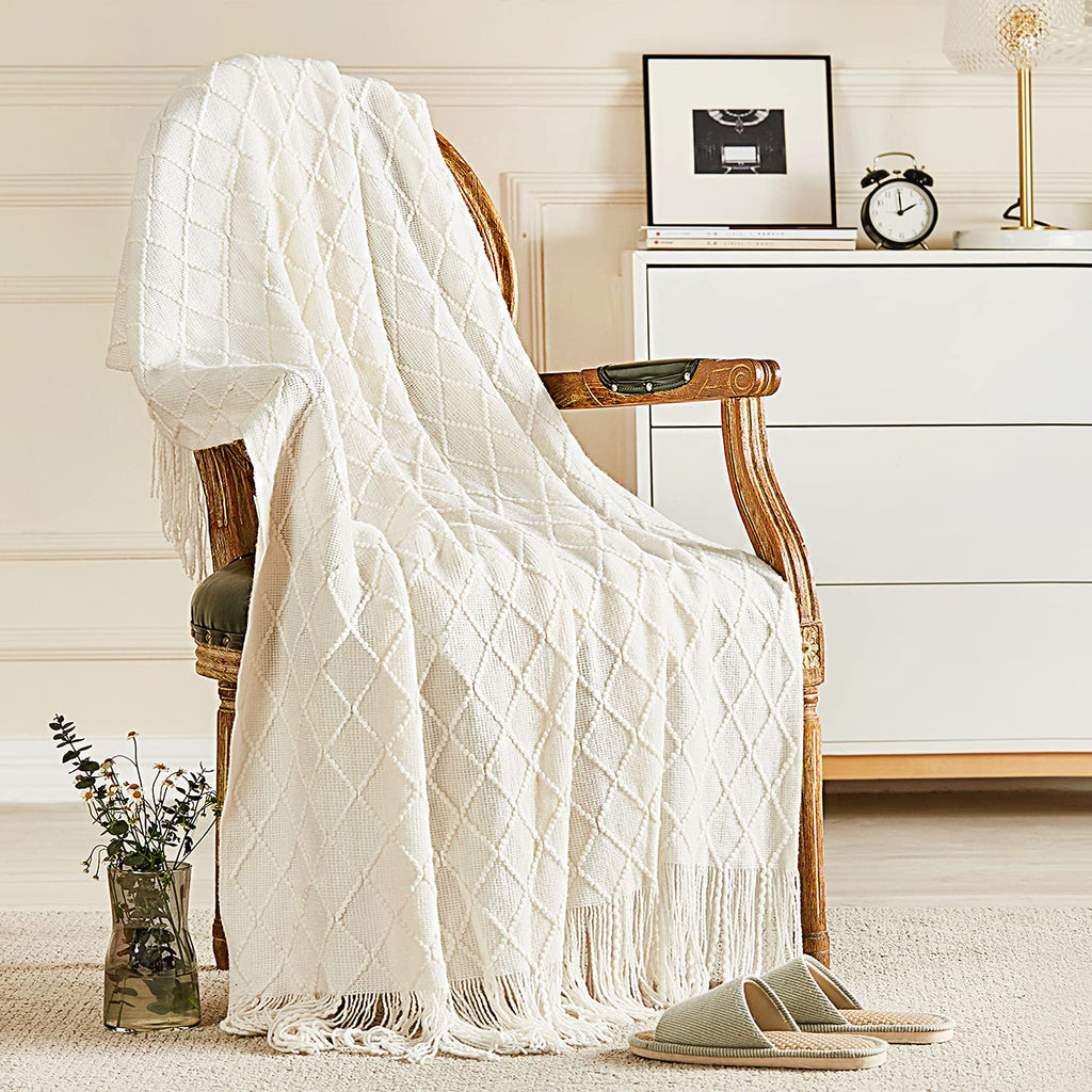 inhand Off White Knitted Throw Blanket for Couch and Bed, 50"x60"