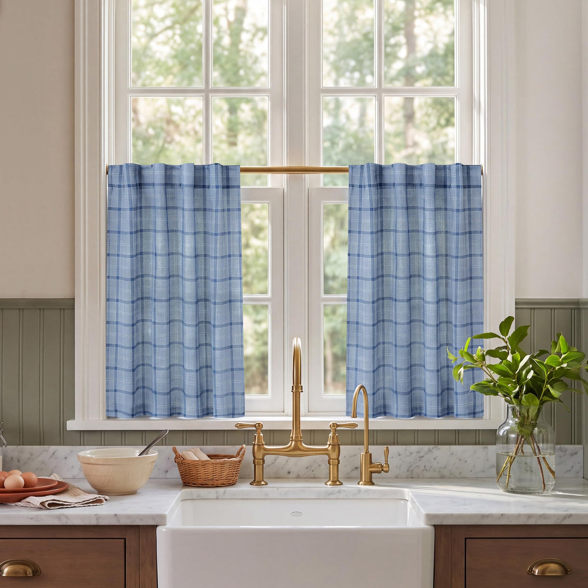 NICETOWN Moss Green Linen Plaid Curtains 96 inches Long for Bedroom
