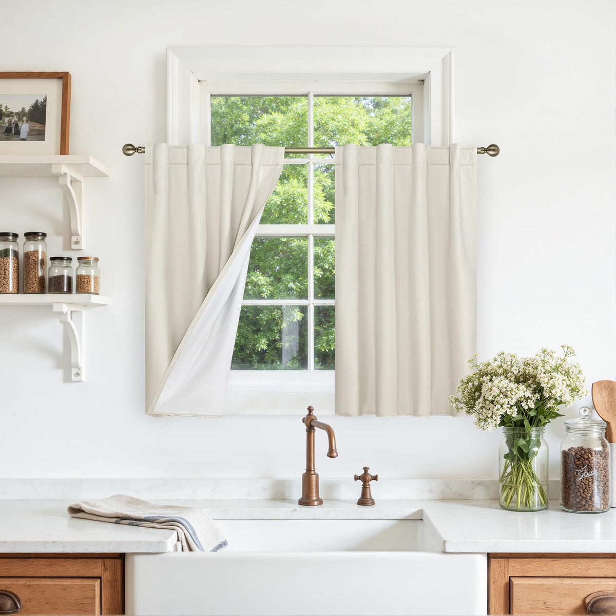 LAMIT 100% Blackout Short Linen Curtains for Cafe 40 Inch Length, Ivory