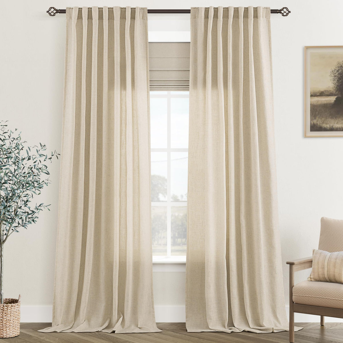 96 inch Long Linen Curtains 2 Panels for Living Room Back Tab Cream Ivory Light Filtering Semi Sheer Curtain 96 inches Long Boho Farmhouse Rustic Linen Drapes Floor to Ceiling Length 8 FT
