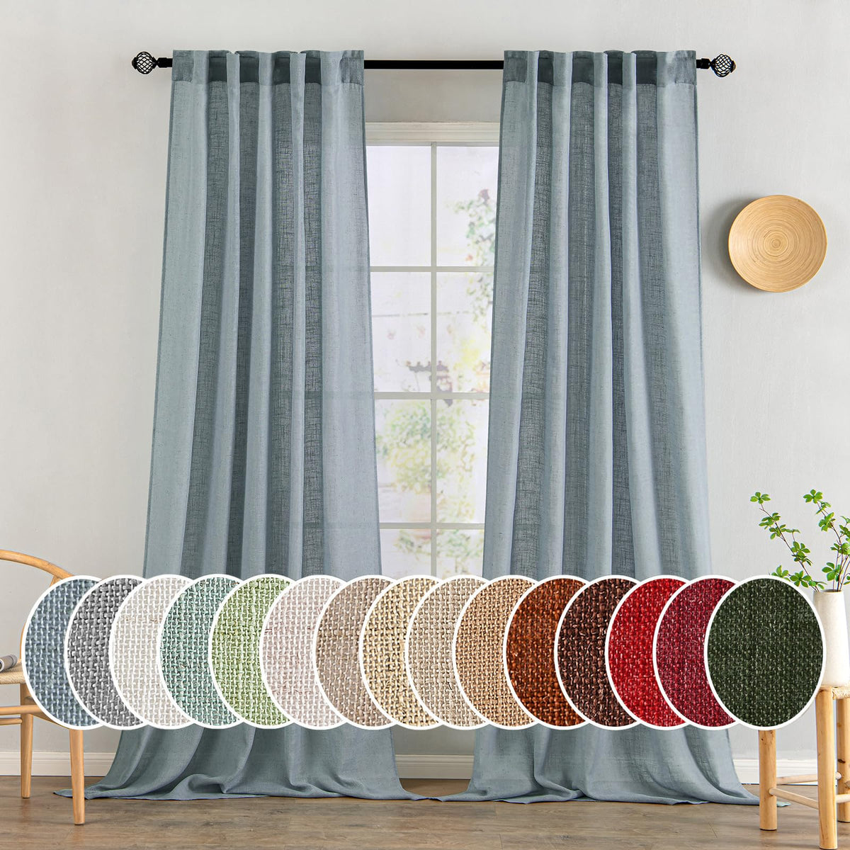 MIULEE Natural White Linen Curtains 52x90 Inch Long 2 Panels for Bedroom