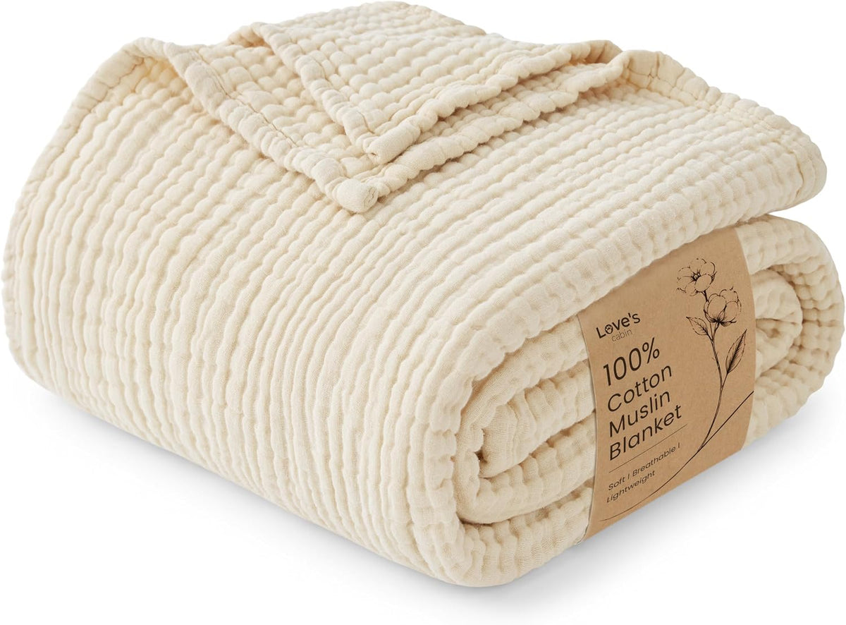 Love's cabin 100% Cotton Muslin Blanket, 6 Layer Lightweight Breathable Gauze Throw Blanket 50 x 60 Inches, Soft All Season Blanket for Couch, Bed, Sofa, Beige