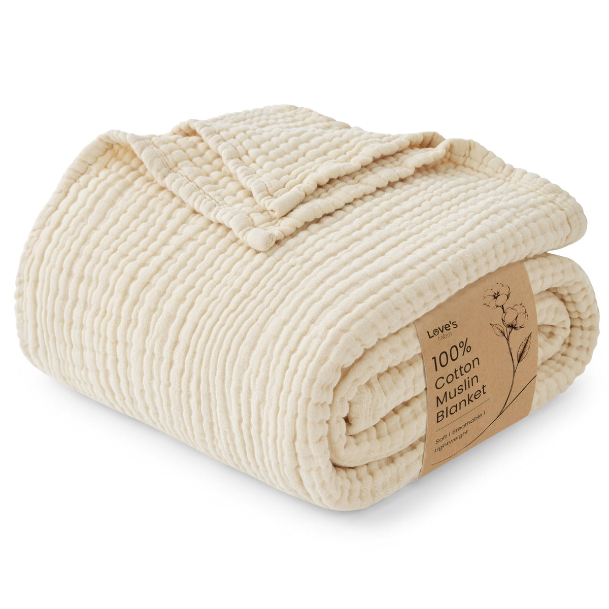 Love's cabin 100% Cotton Muslin Blanket, 6 Layer Lightweight Breathable Gauze Throw Blanket 50 x 60 Inches, Soft All Season Blanket for Couch, Bed, Sofa, Beige
