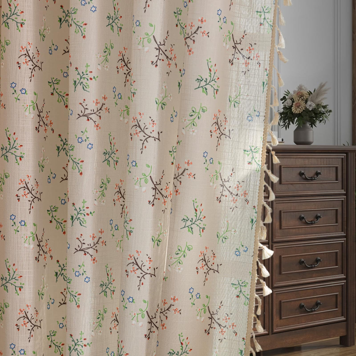 ENJOYBRIDAL Floral Curtains 84 Inch Long Living Room Boho Drapes Bedroom 2 Panels Semi Sheer Floor Length Window Curtain Panels Vintage Rod Pocket Tassel Farmhouse Nursery Window Treatments