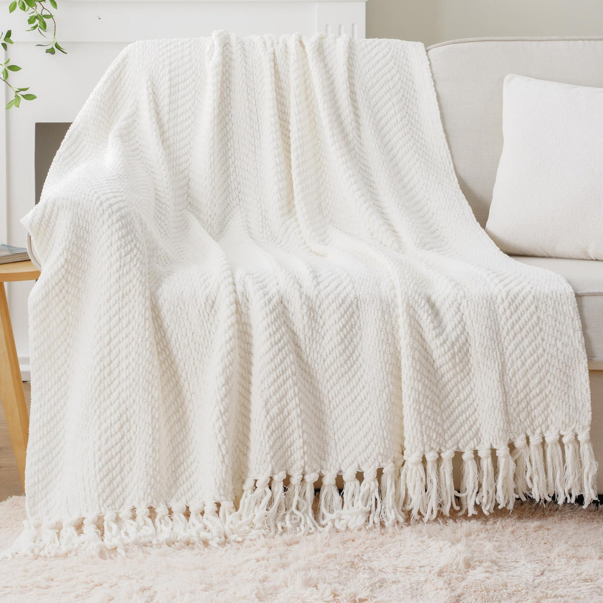 BATTILO HOME Beige Throw Blanket for Couch, Knitted Beige Throw for Bed, Neutral Throw Blankets Tan Throw Blanket for Room Decor Housewarming Gifts, 50" x 60"