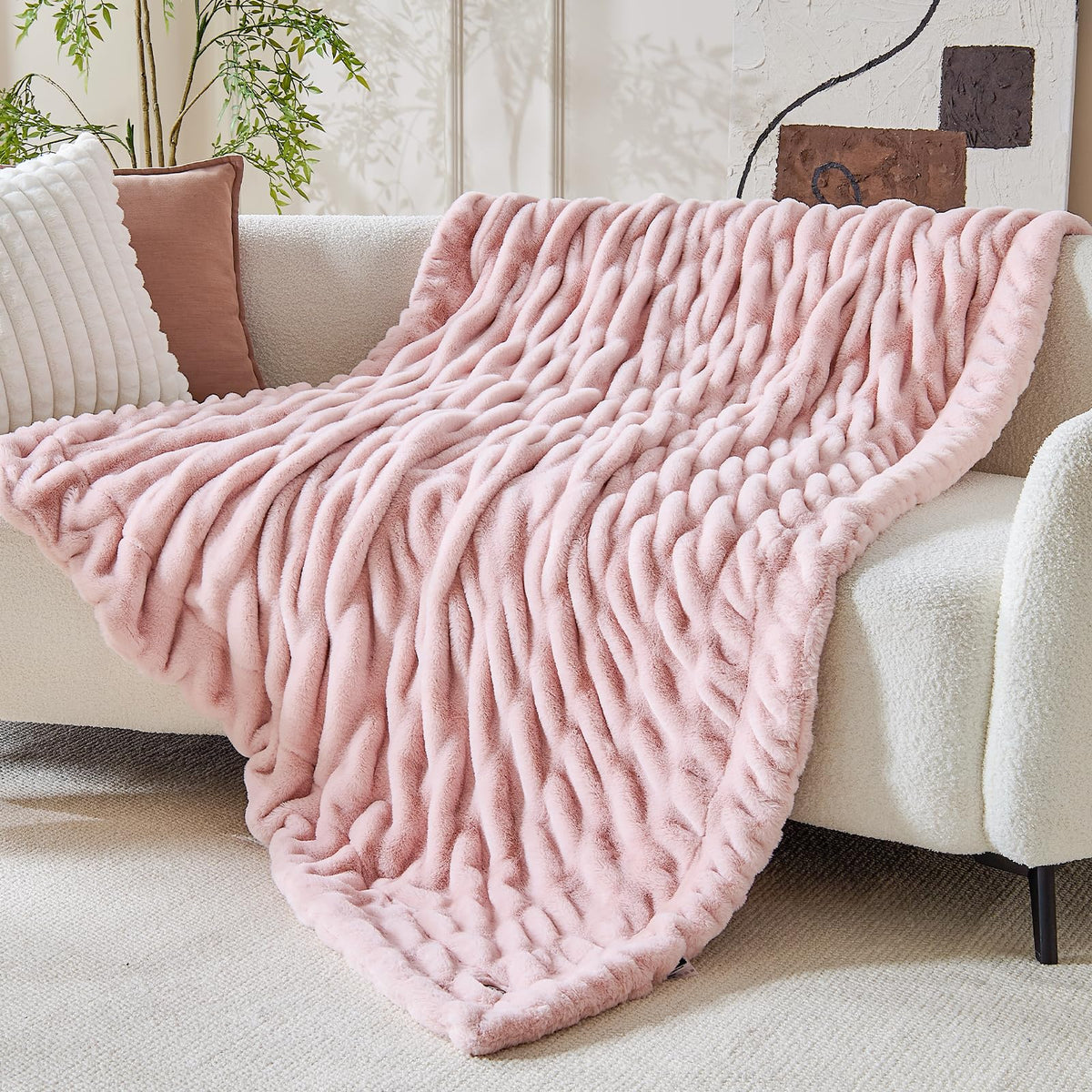 Double Sided Ruched Faux Rabbit Fur Throw Blanket,50x60 CaramelCream