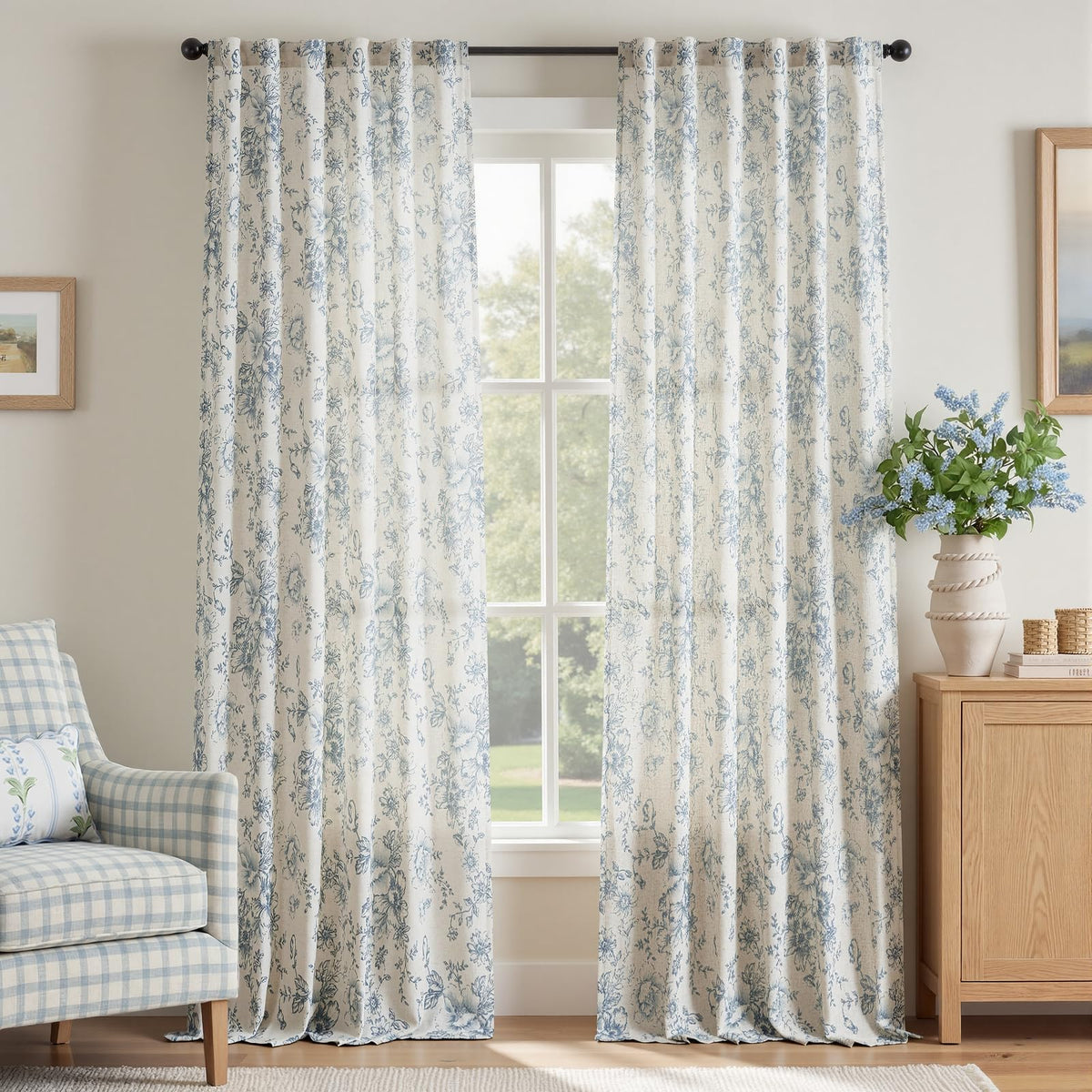 jinchan Vintage Floral Linen Curtains 84 Long for Living Room 2 Panels