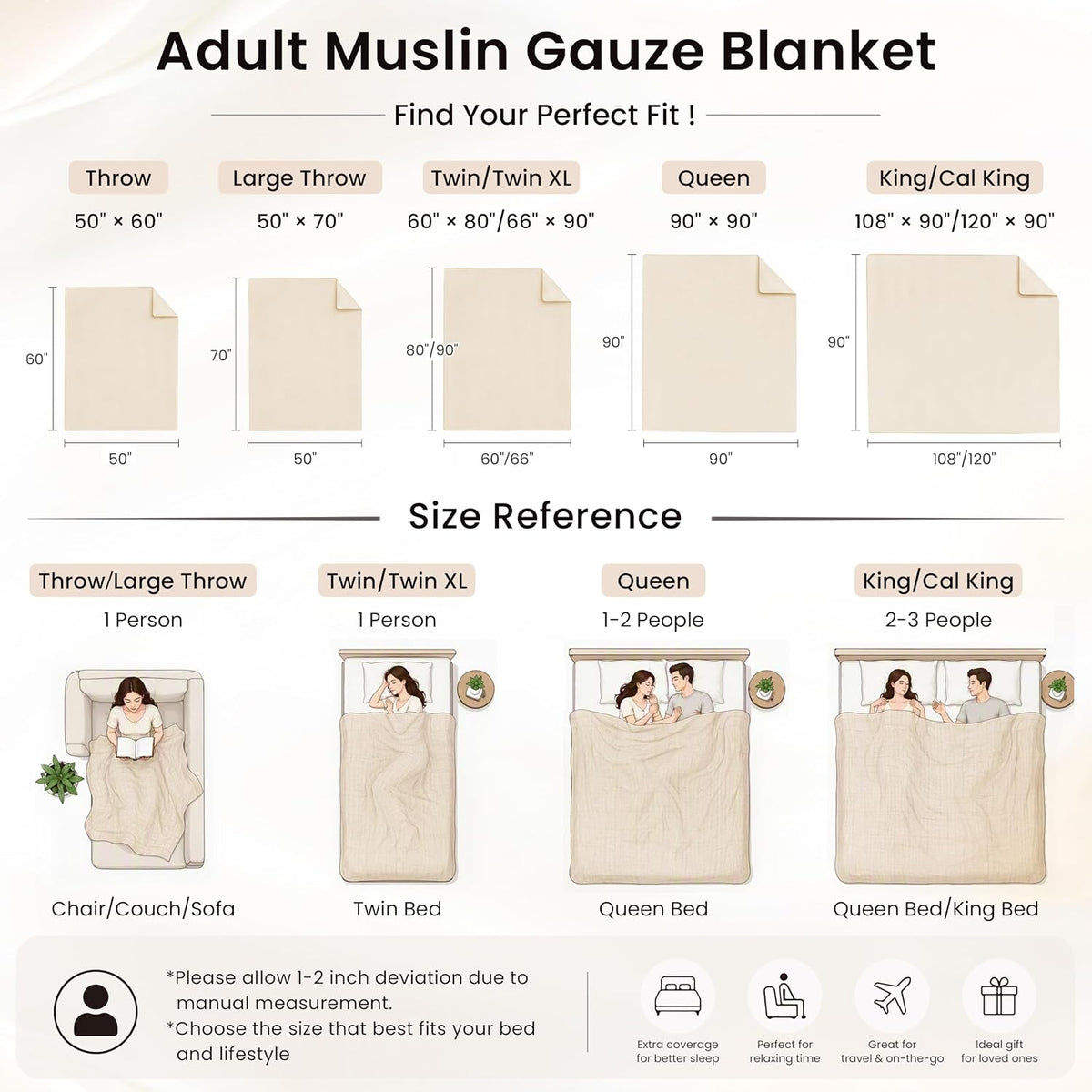 Love's cabin 100% Cotton Muslin Blanket, 6 Layer Lightweight Breathable Gauze Throw Blanket 50 x 60 Inches, Soft All Season Blanket for Couch, Bed, Sofa, Beige
