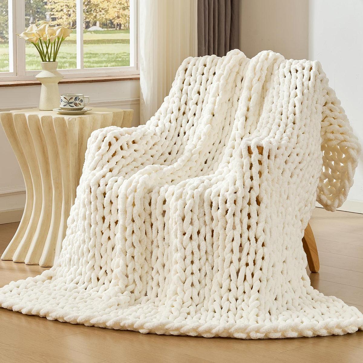 Bigacogo Chunky Knit Throw Blanket for Couch, 40x60 inches, Beige