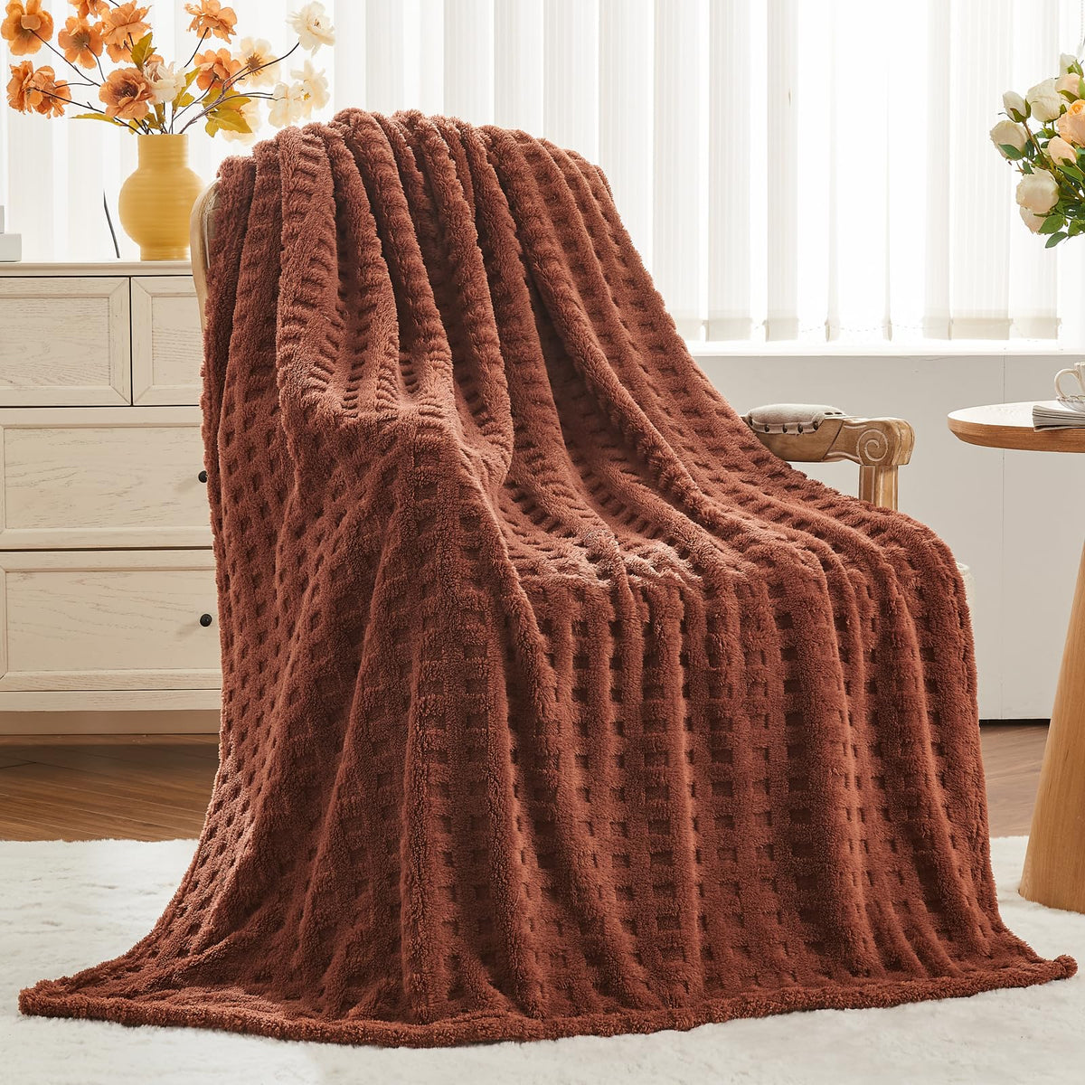 NEWCOSPLAY 3D Checkered Flannel Throw Blanket, Ivory Checkered, 50"x70"