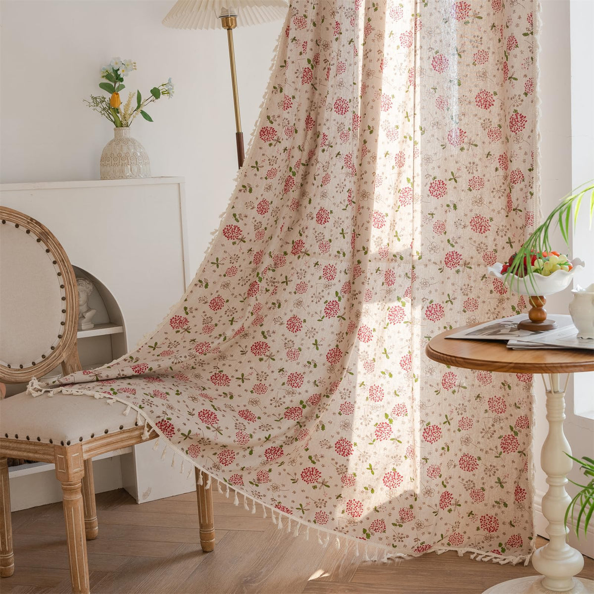 ENJOYBRIDAL Floral Curtains 84 Inch Long Living Room Boho Drapes Bedroom 2 Panels Semi Sheer Floor Length Window Curtain Panels Vintage Rod Pocket Tassel Farmhouse Nursery Window Treatments