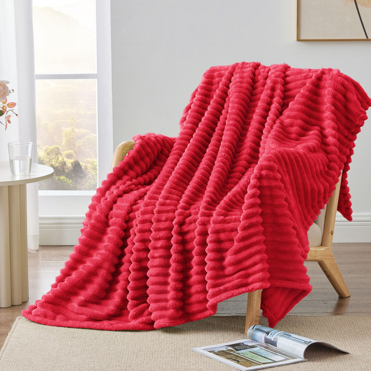 BEDELITE Ribbed Fleece Throw Blanket for Couch, Cream, 50"x60"