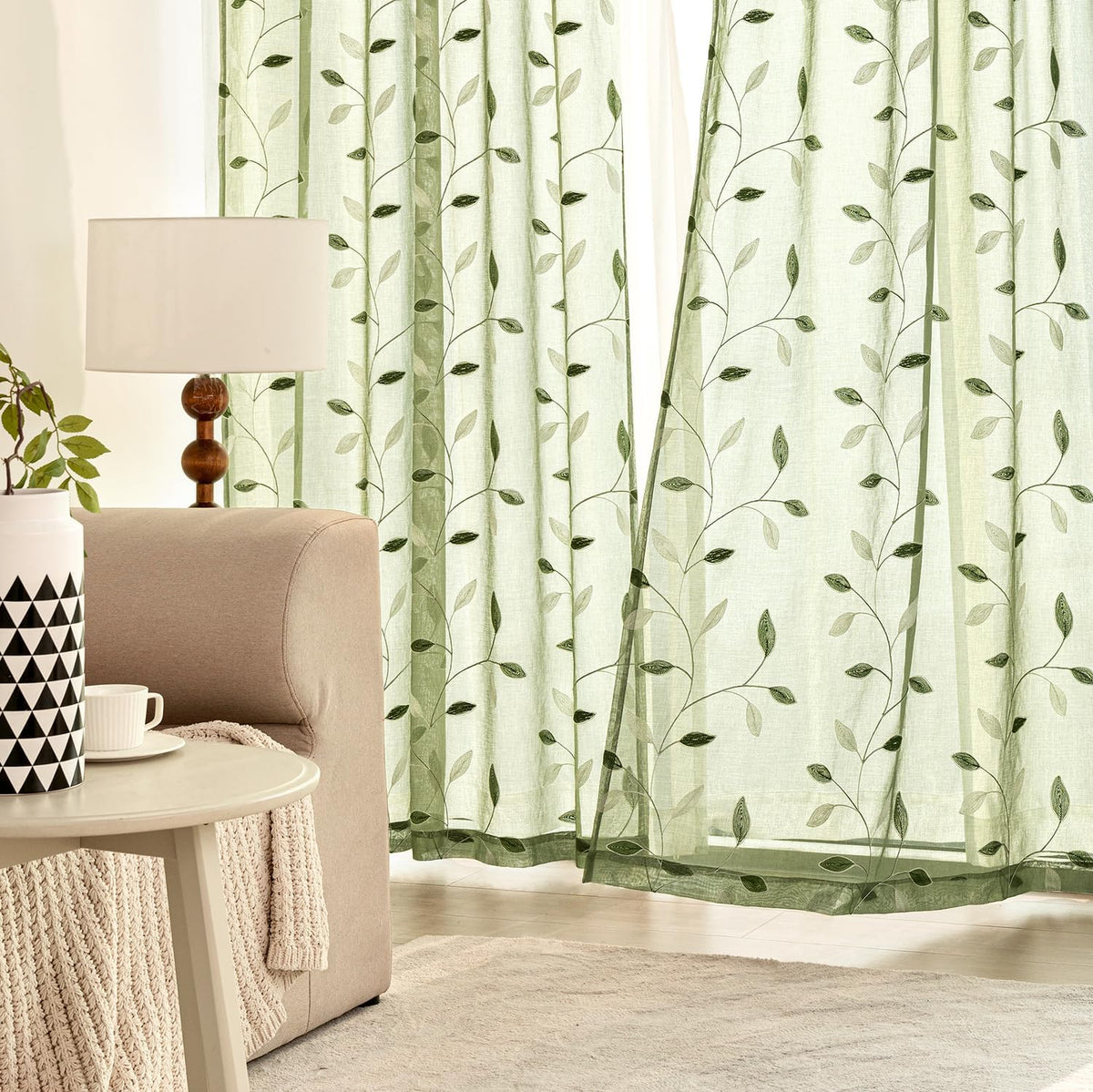 MIULEE Sage Green Sheer Curtains 2 Panels Leaf Patterned, W52 x L84