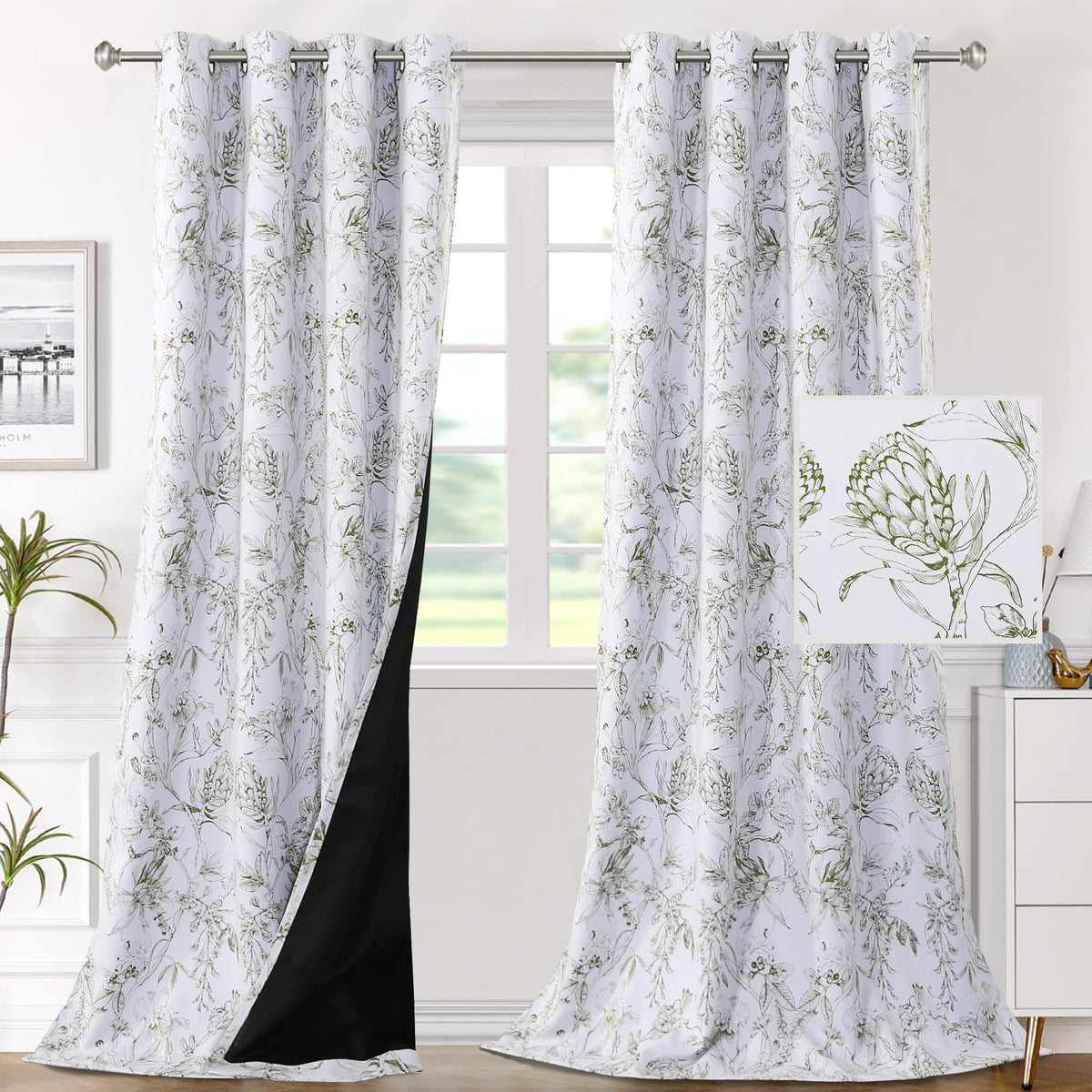 H.VERSAILTEX 100% Blackout Curtains 84 inch Length 2 Panels Set Cattleya Floral Printed Drapes Leah Floral Thermal Curtains for Bedroom with Black Liner Sound Proof Curtains, Grey and Taupe
