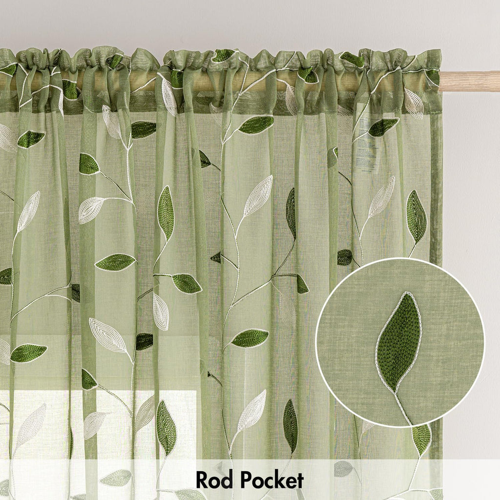 MIULEE Sage Green Sheer Curtains 2 Panels Leaf Patterned, W52 x L84