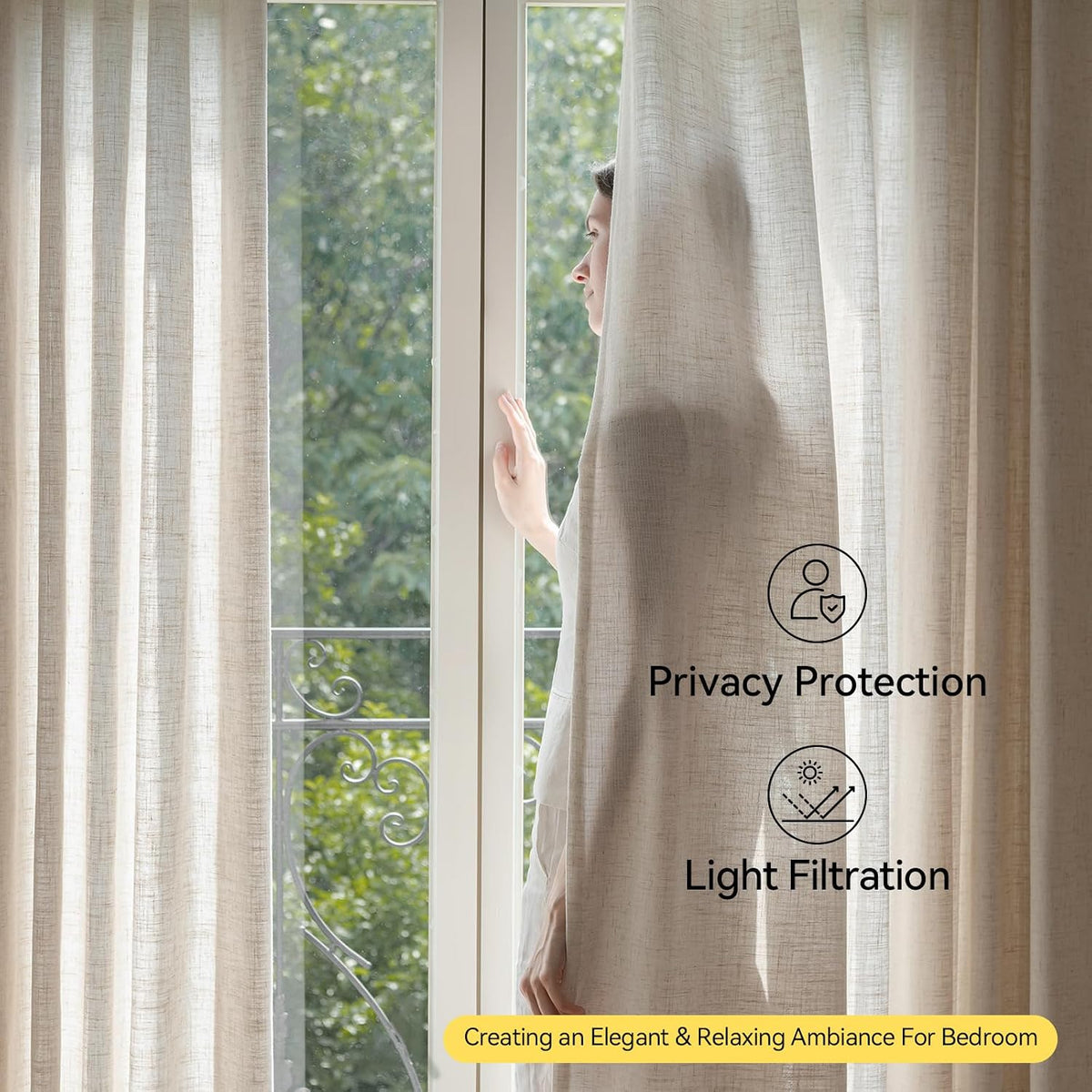 Liz Sheer Pinch Pleated Linen Curtains 90 Inches Long - Light Filtering Pleat Curtains for Living Room,Window Curtains for Bedroom, Luxury Pinch Pleated Drapes with Hooks, Natural, 2 Panels Set