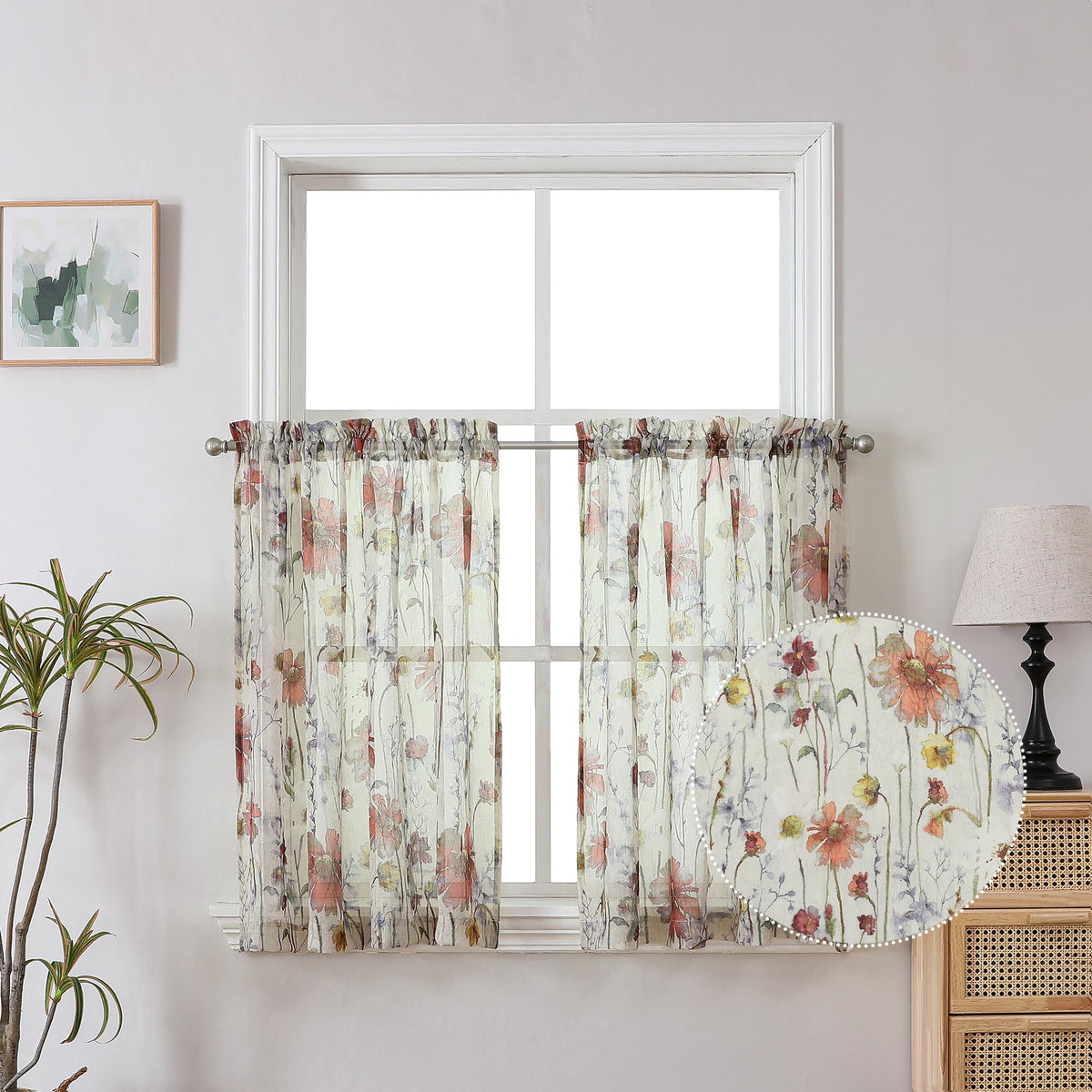 OWENIE Crushed Sheer Curtains 84 Inch Length 2 Panels Set, Sheer Floral Curtains Printed Drapes on Sheers for Living Room, Rod Pocket Light Filtering Window Sheers (2 Panels, 42" x 84")