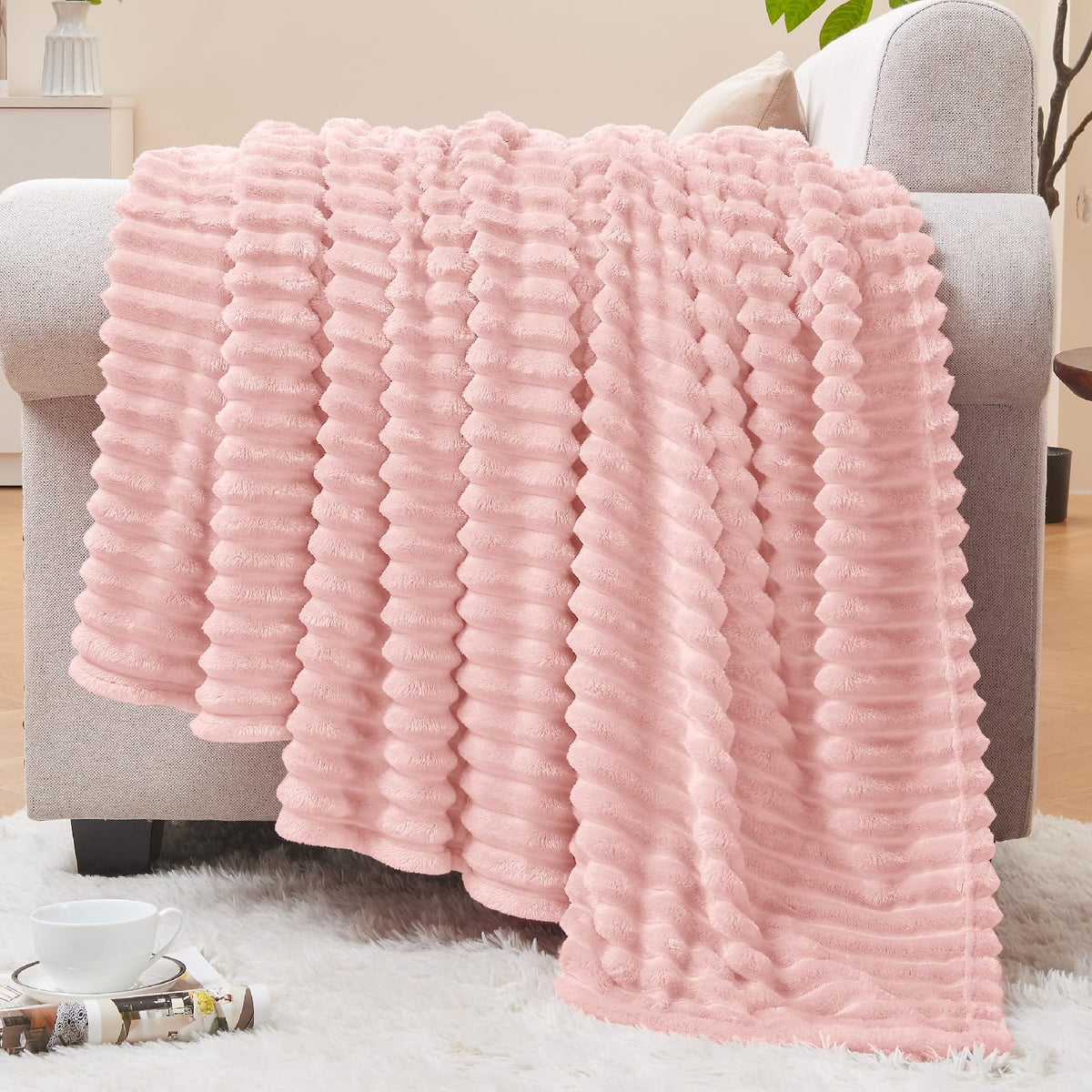 BEDELITE 3D Ribbed Jacquard Pink Fleece Throw Blanket for Couch, 50x60 Inch