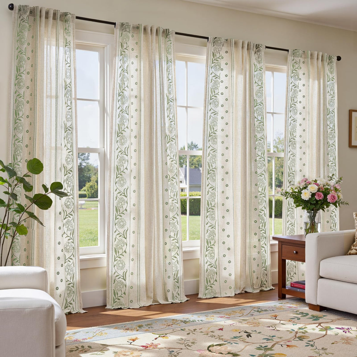 jinchan Sage Floral Linen Curtains for Living Room 84" Back Tab 2 Panels