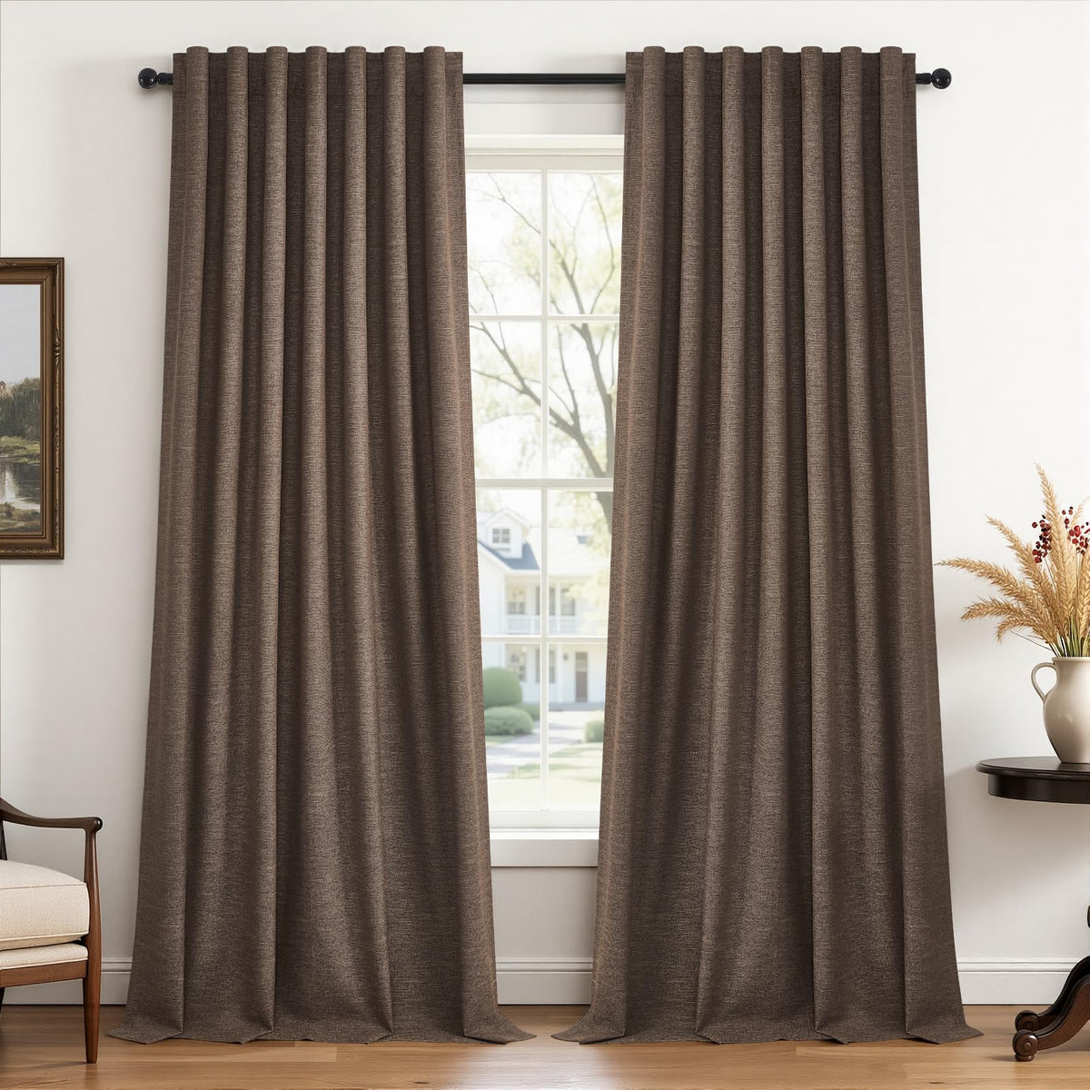 Topfinel Linen Blackout Curtains 96 Inch Long, Boho Farmhouse Ivory Birch Viral Drapes Pinch Pleated Curtains with Hooks for Living Room, Neutral 8 FT Back Tab Bedroom Curtains 52" X 96" 2 Panels