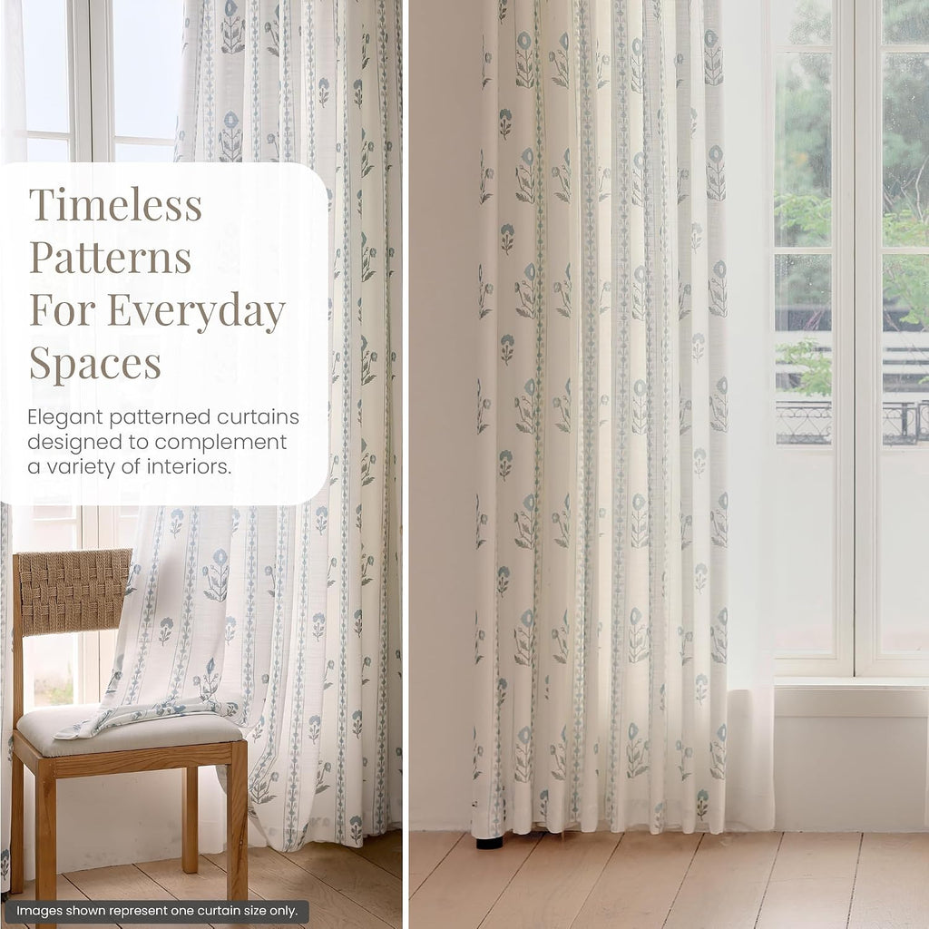 DrapePalette - Linen Blend Pinch Pleated Curtains 108 Inches Long for Living Room, Bedroom, Dining Room, Light Filtering Curtains 2 Panels Set, Modern Floral Printed Design, Antique White 30"W x 108"L