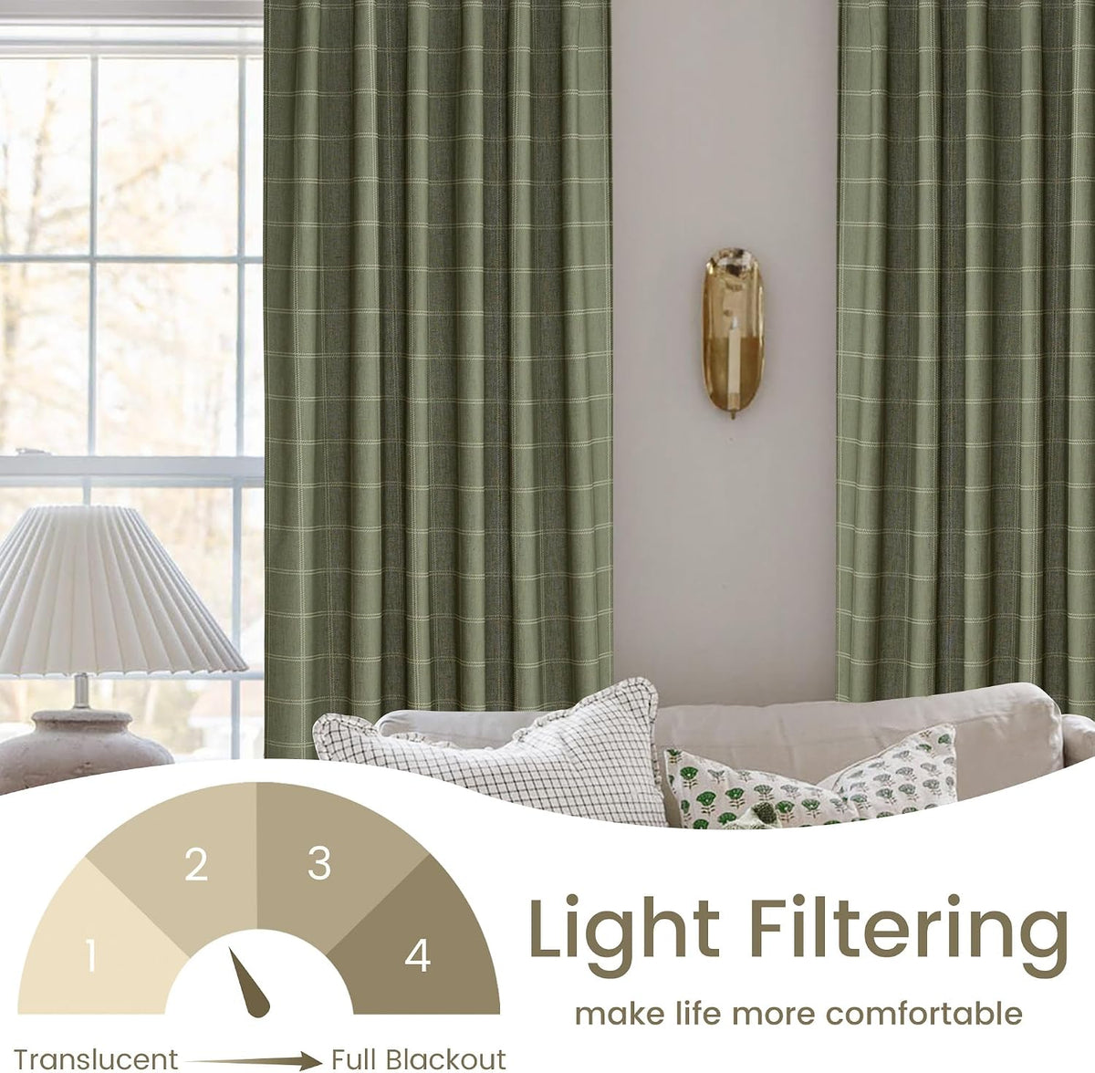 NICETOWN Moss Green Linen Plaid Curtains 96 inches Long for Bedroom