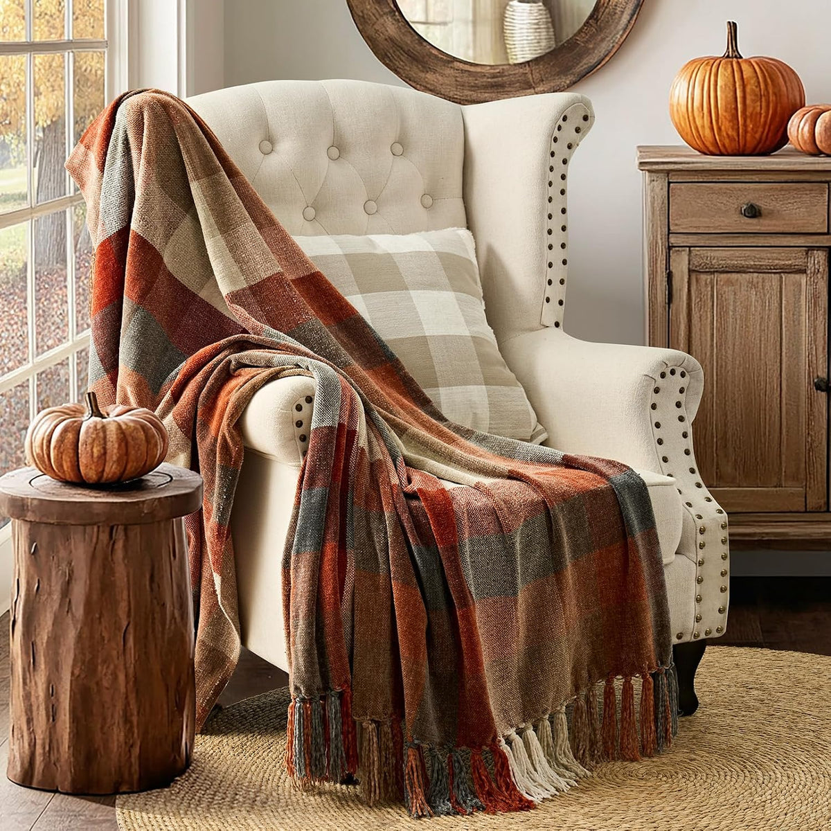 EverGrace Plaid Chenille Fall Throw Blanket, 50"x60", Harvest Orange Plaid