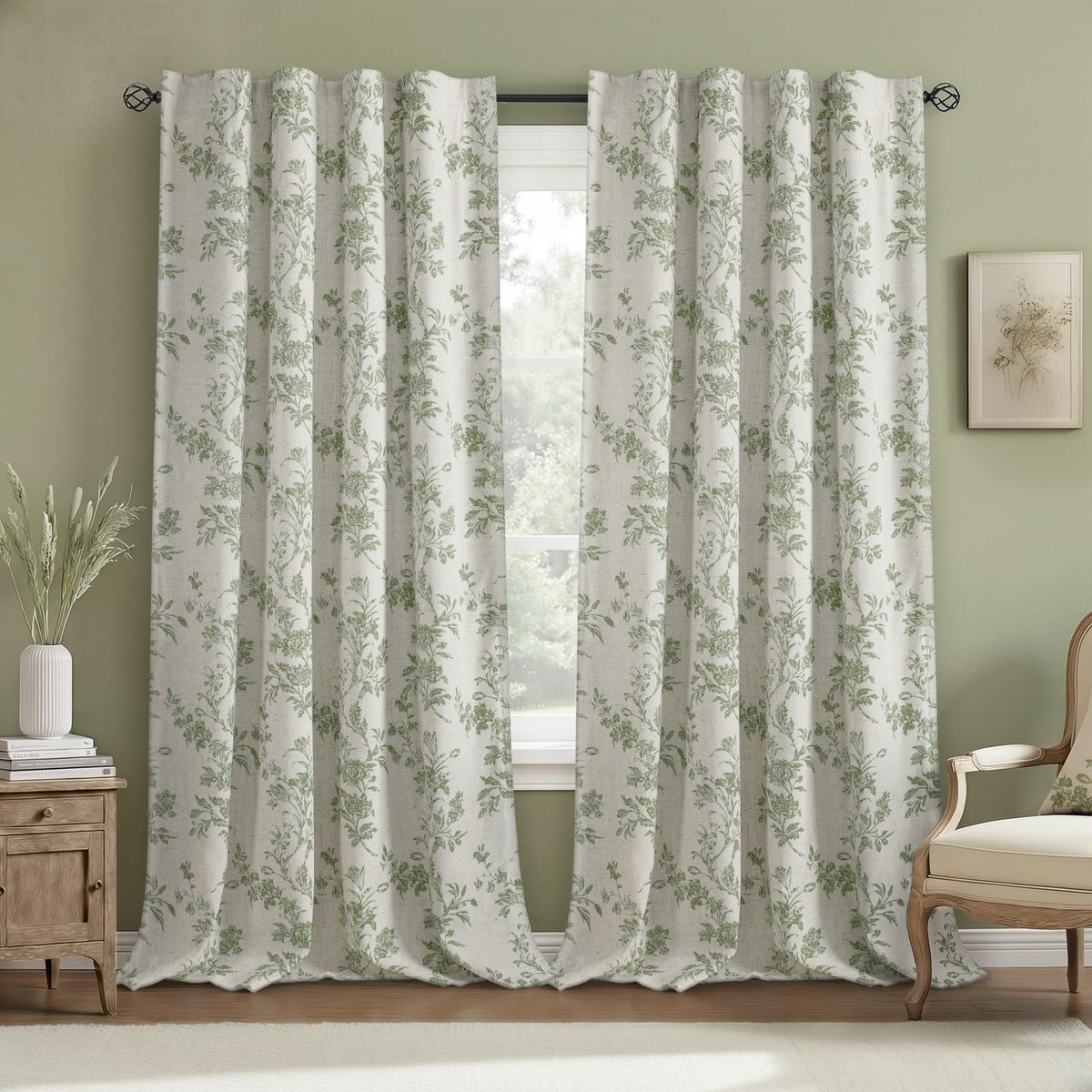 Boho Floral 100% Blackout Curtains 84 Inch 2 Panels Linen Texture