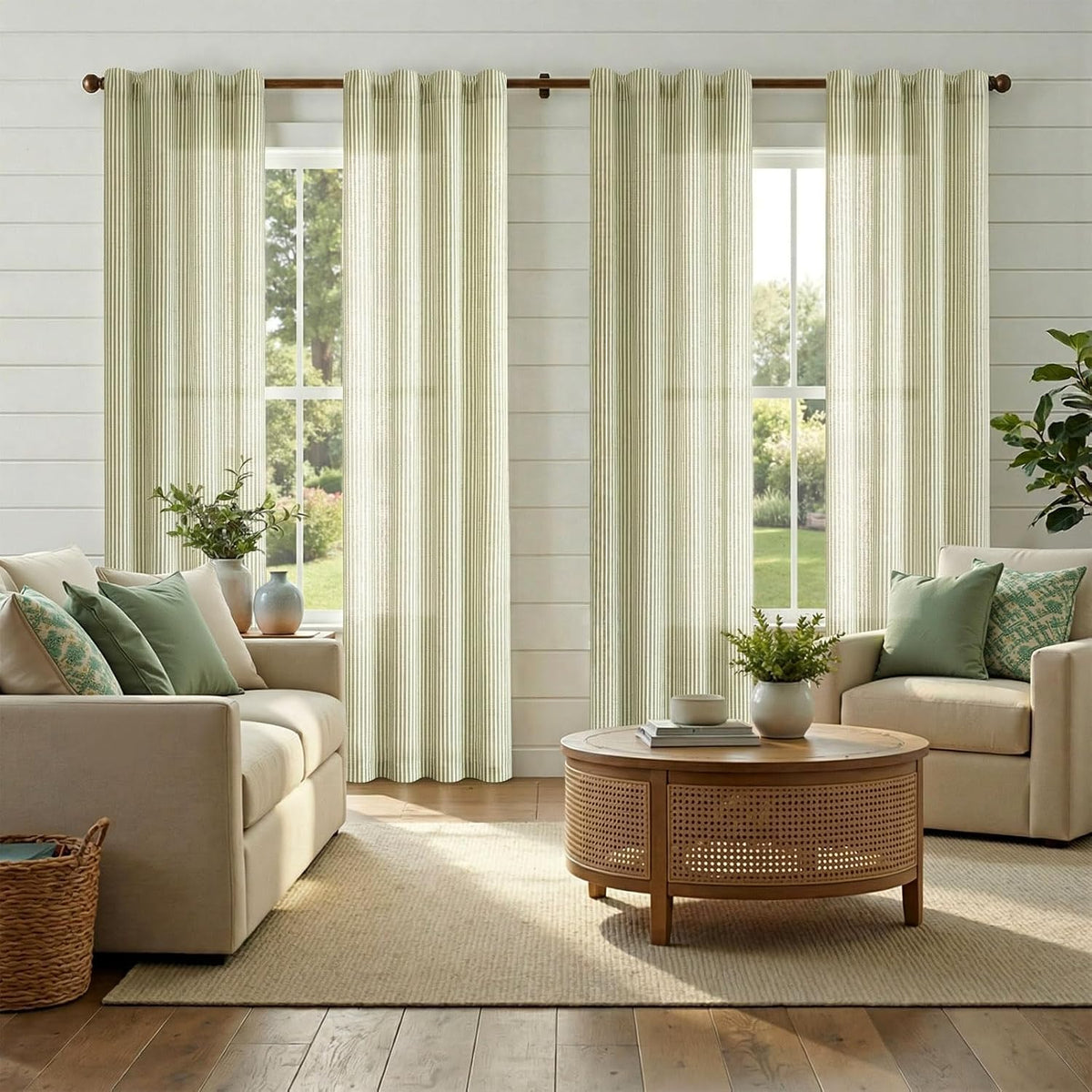 jinchan Linen Curtains 84 Inch Taupe Grey Stripe on Beige Grommet 2 Panels