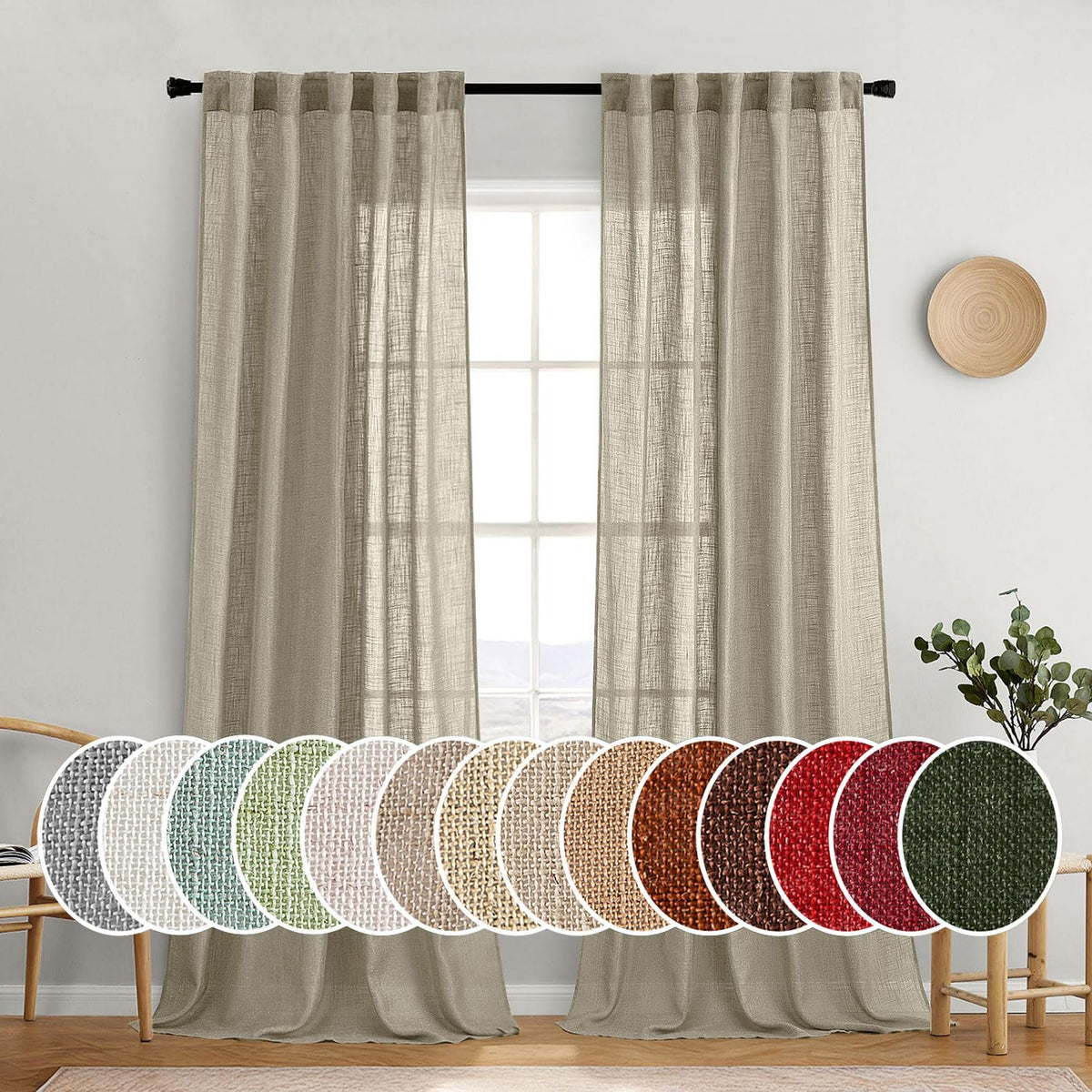 MIULEE Natural White Linen Curtains 52x90 Inch Long 2 Panels for Bedroom