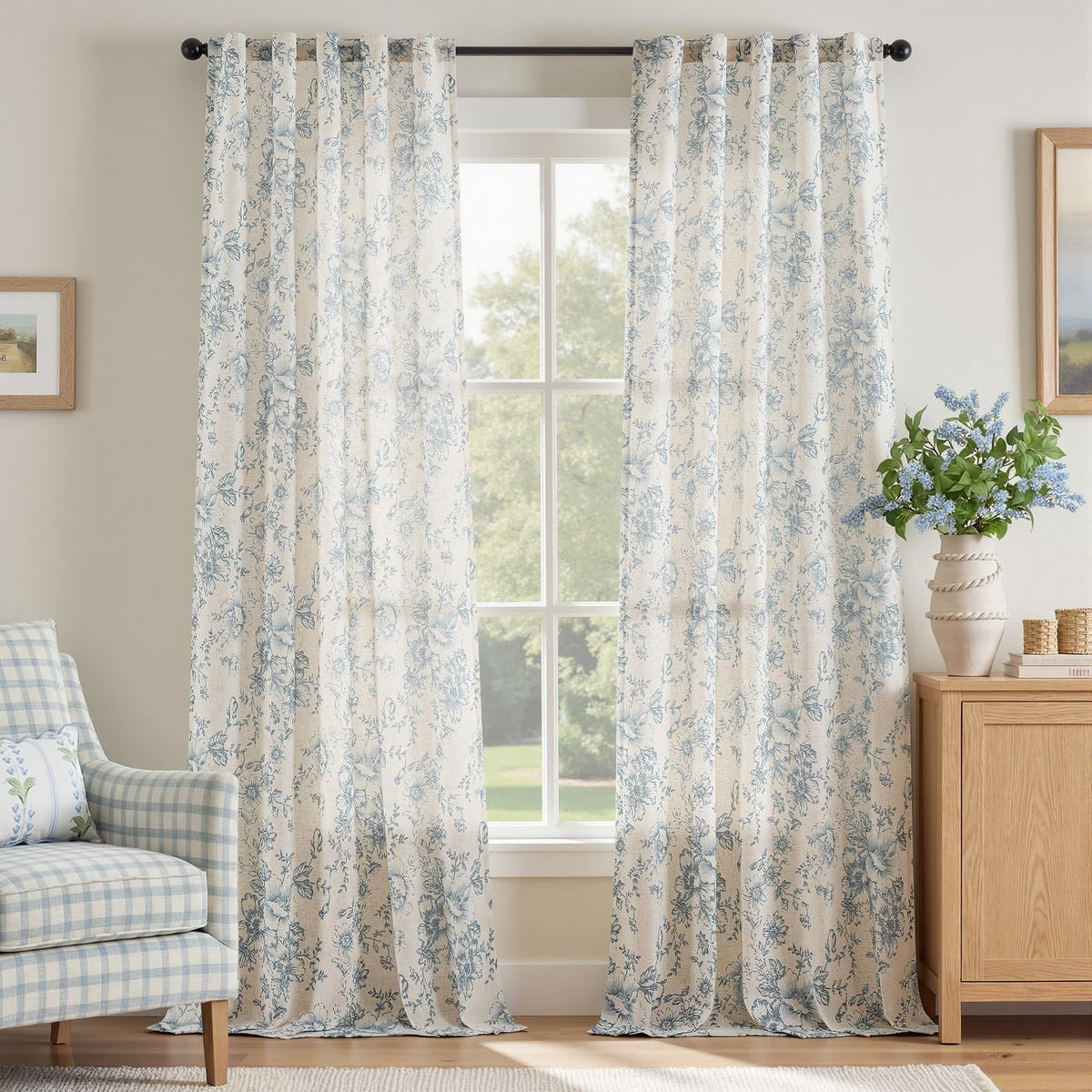 jinchan Vintage Floral Linen Curtains 84 Long for Living Room 2 Panels