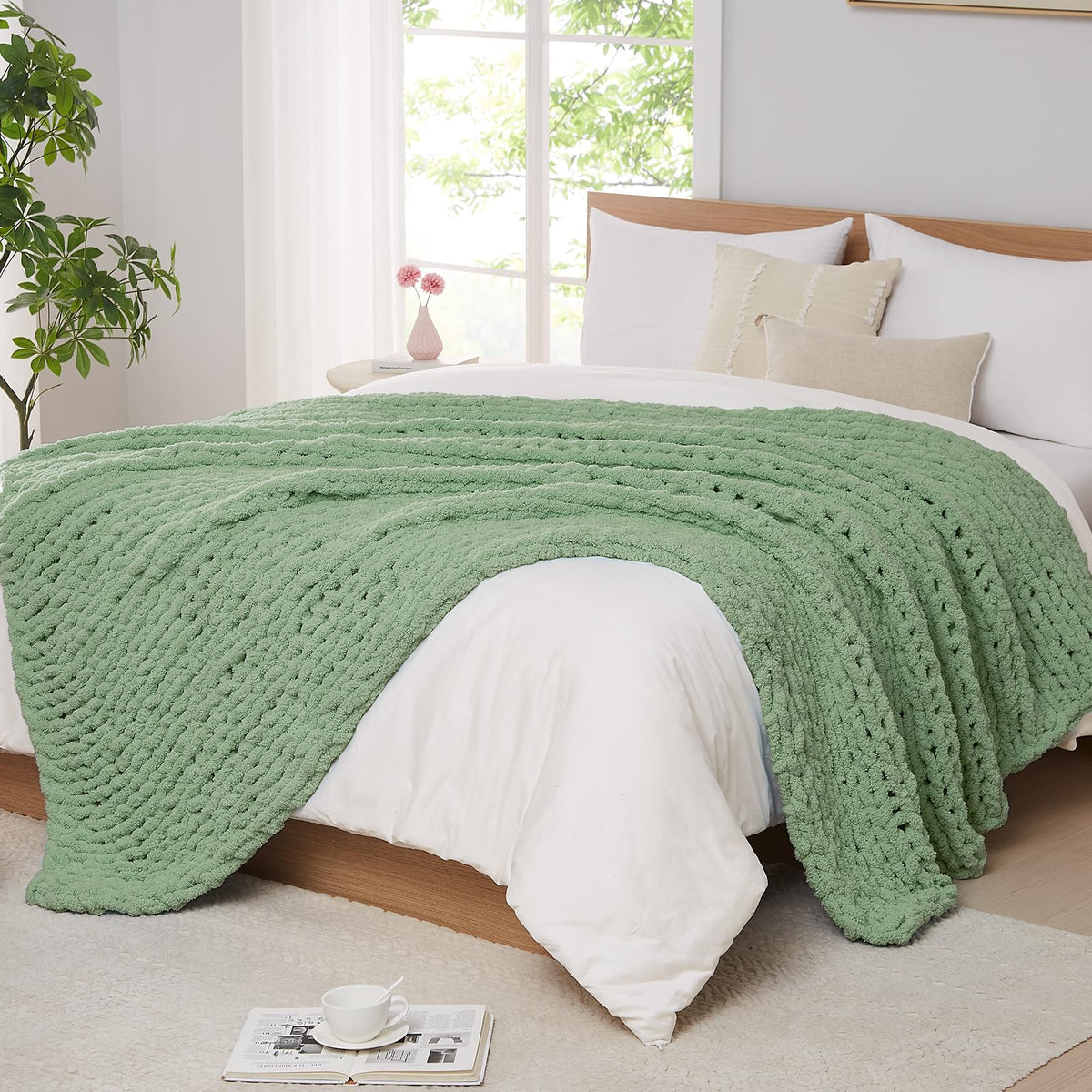 L'AGRATY Chunky Knit Throw Blanket for Couch, 50'' x 60'' Knit Throw, Ivory