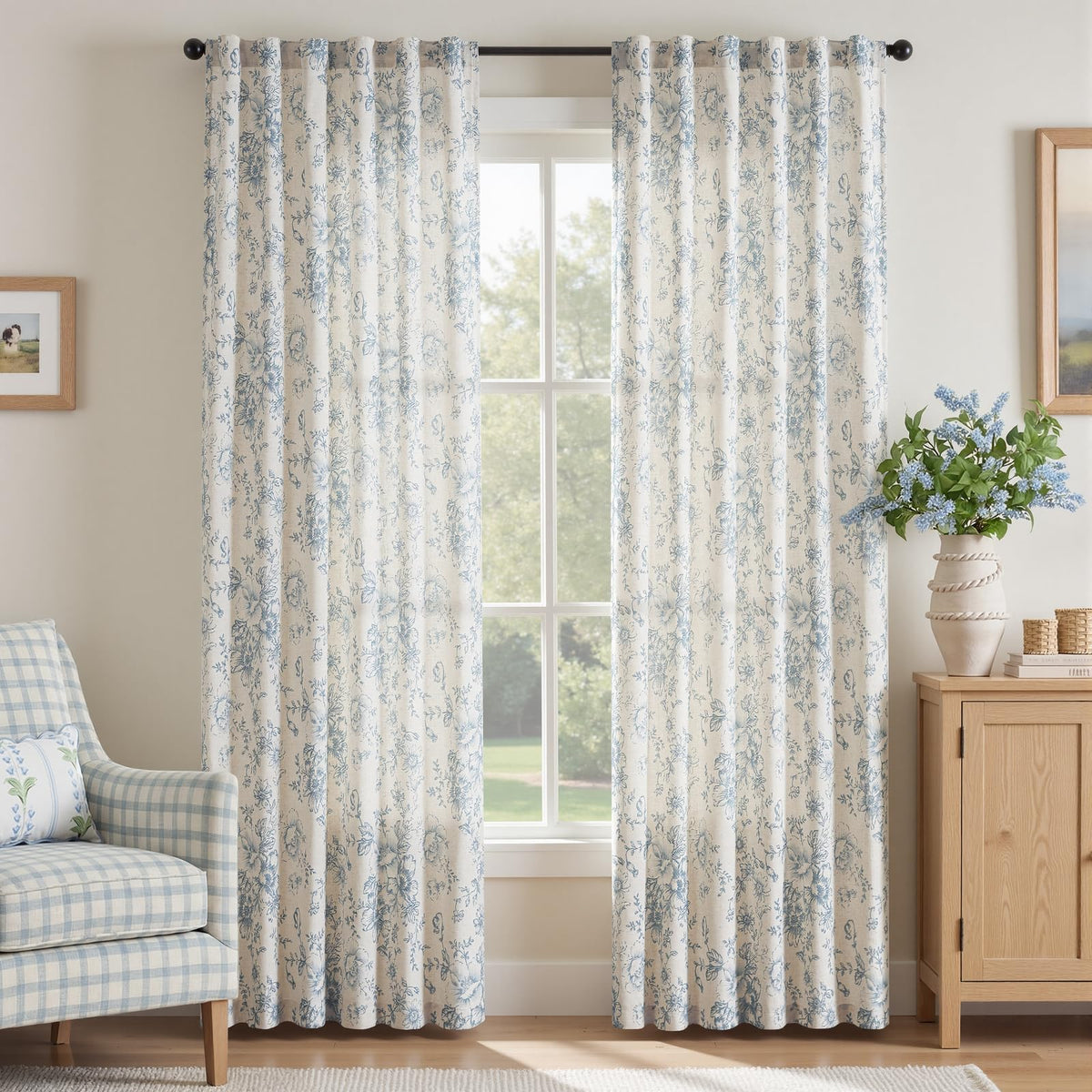 jinchan Vintage Floral Linen Curtains 84 Long for Living Room 2 Panels