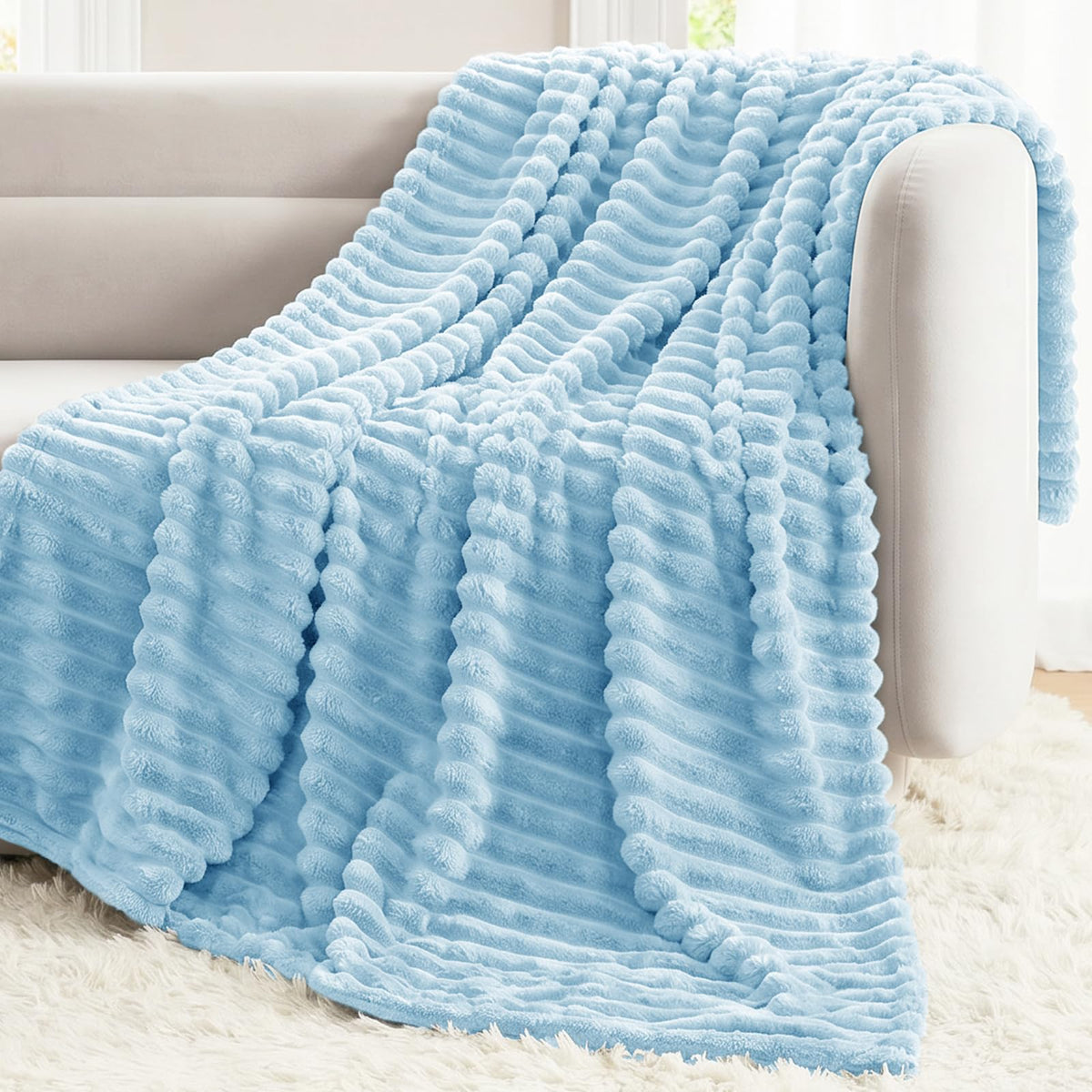 CozyLux Black Throw Blanket for Couch, Ribbed Fleece, 50 x 60 Inch