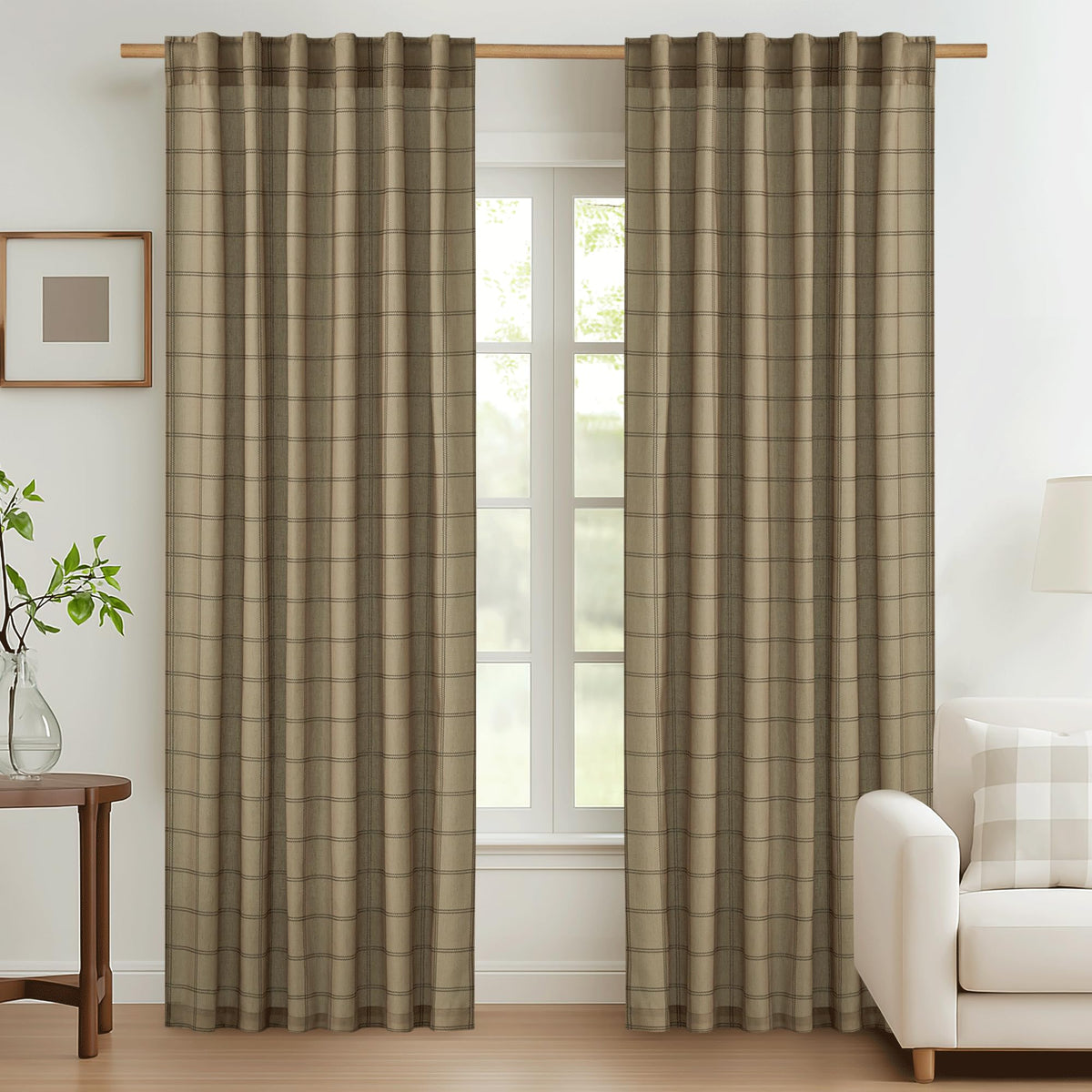 NICETOWN Moss Green Linen Plaid Curtains 96 inches Long for Bedroom