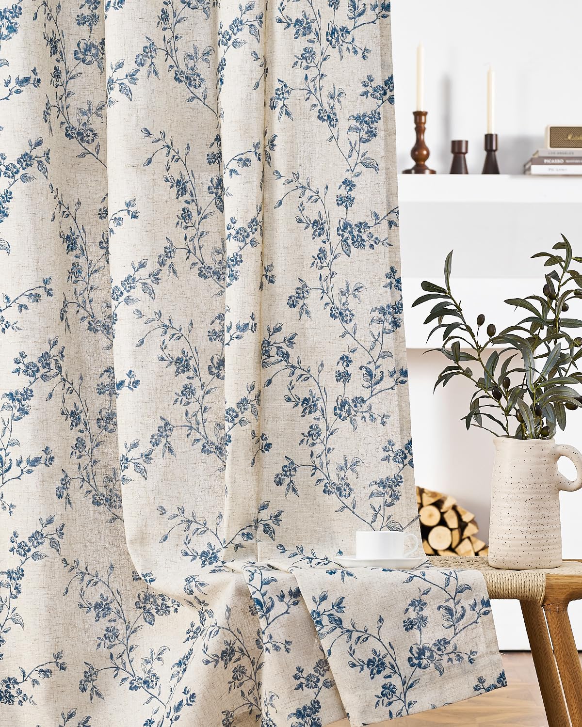 jinchan Taupe Floral Linen Curtains 84 Inch Farmhouse Back Tab 2 Panels