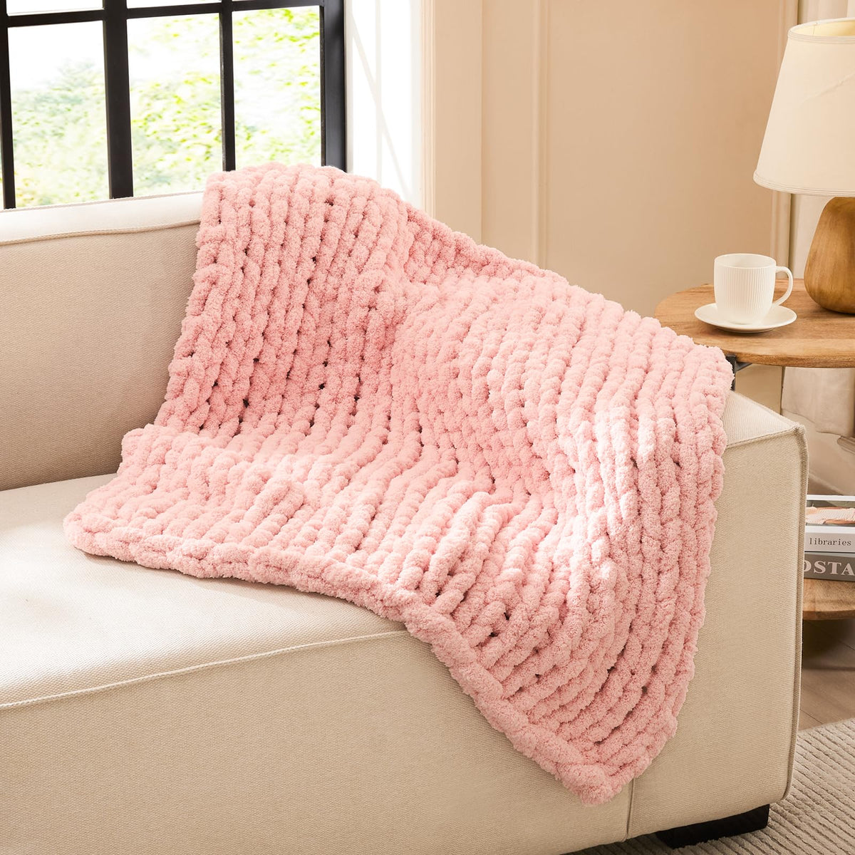 L'AGRATY Chunky Knit Throw Blanket for Couch, 50'' x 60'' Knit Throw, Ivory